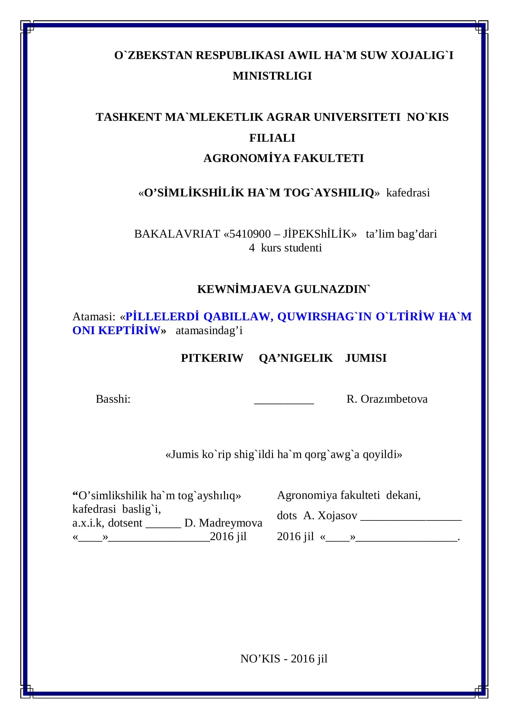 O`SİMLİKSHİLİK HA`M TOG`AYSHILIQ