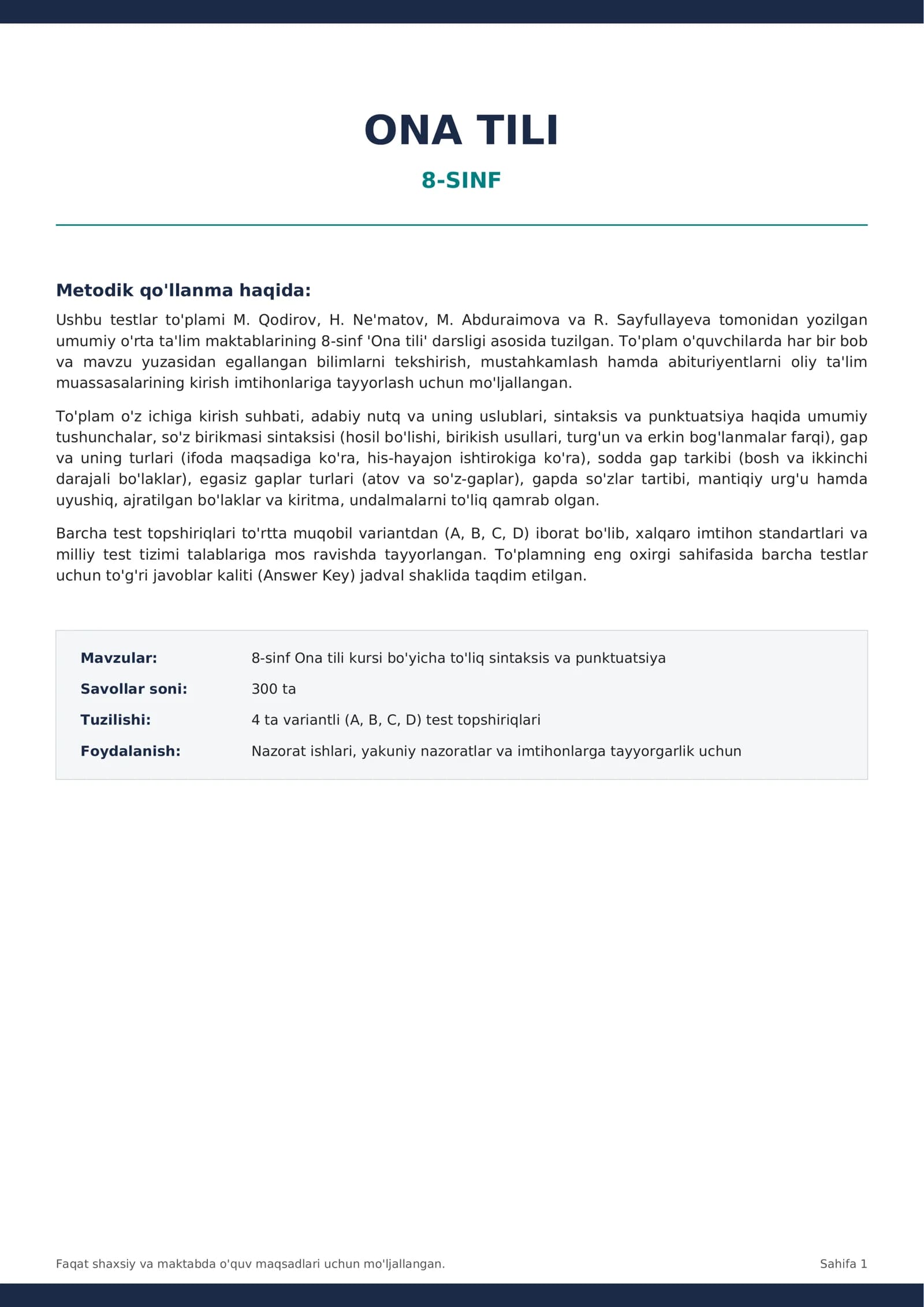 8-SINF ONA TILI | 300 TA MAVZULASHTIRILGAN TEST + JAVOBLAR KALITI | PDF