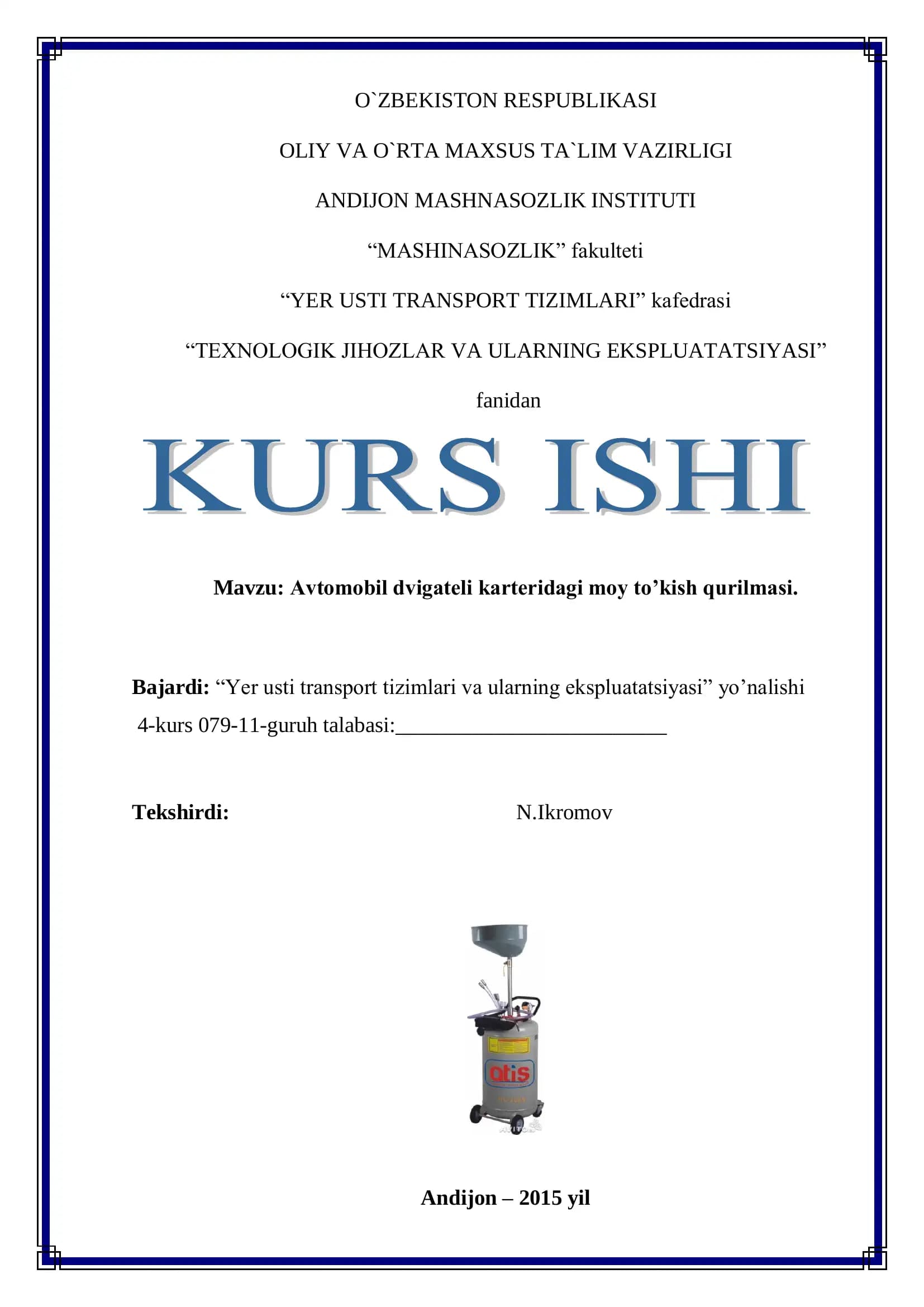 Avtomobil dvigateli karteridagi moy to’kish qurilmasi