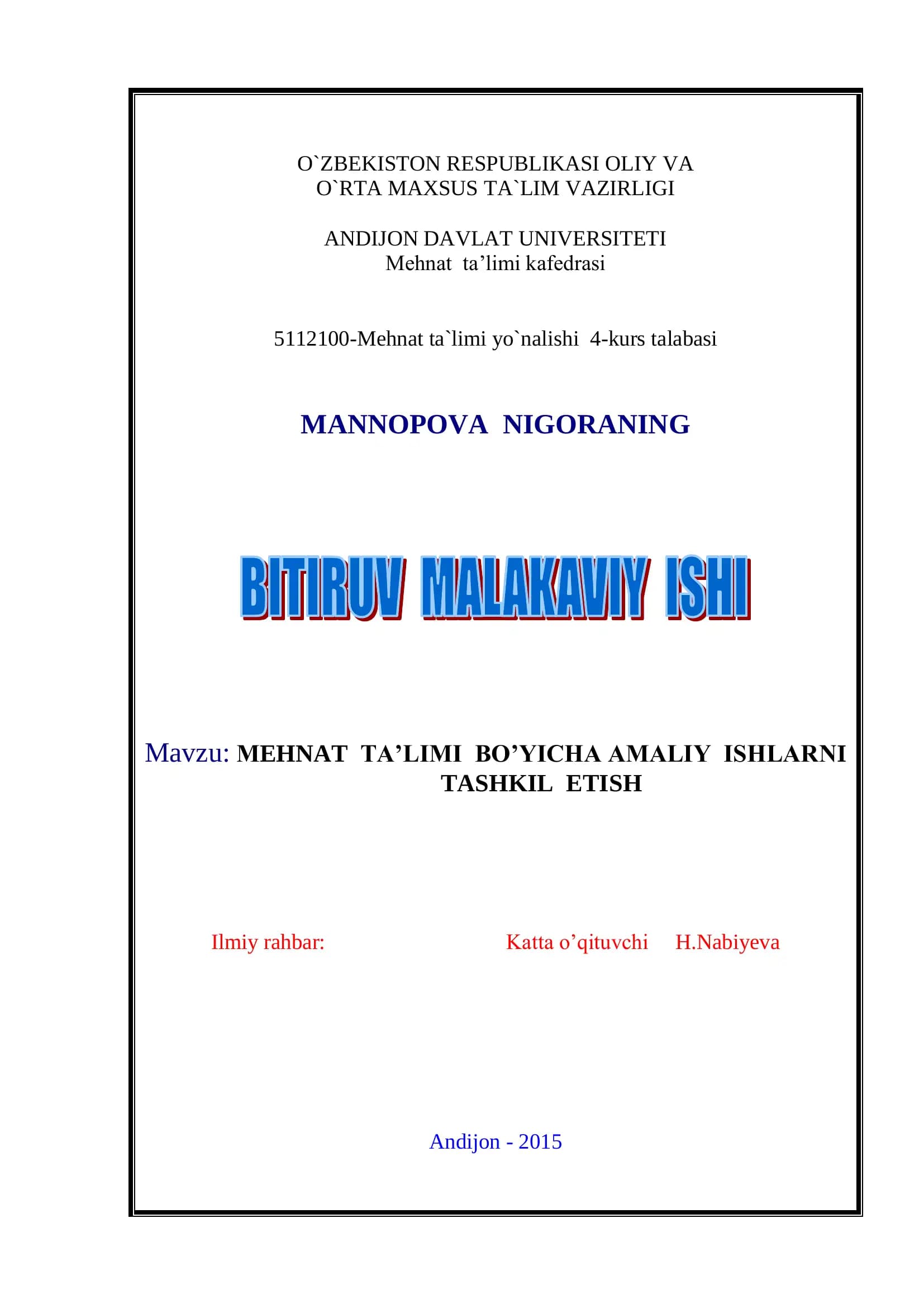 МEHNAT TA’LIMI BO’YICHA AMALIY ISHLARNI TASHKIL ETISH