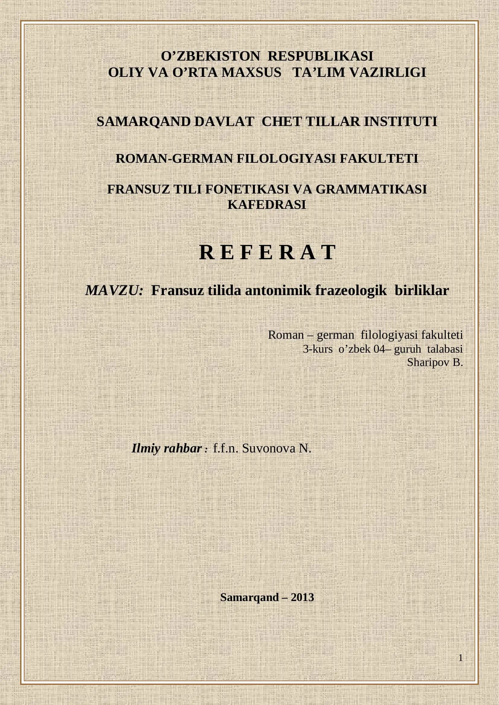Fransuz tilida antonimik frazeologik birliklar