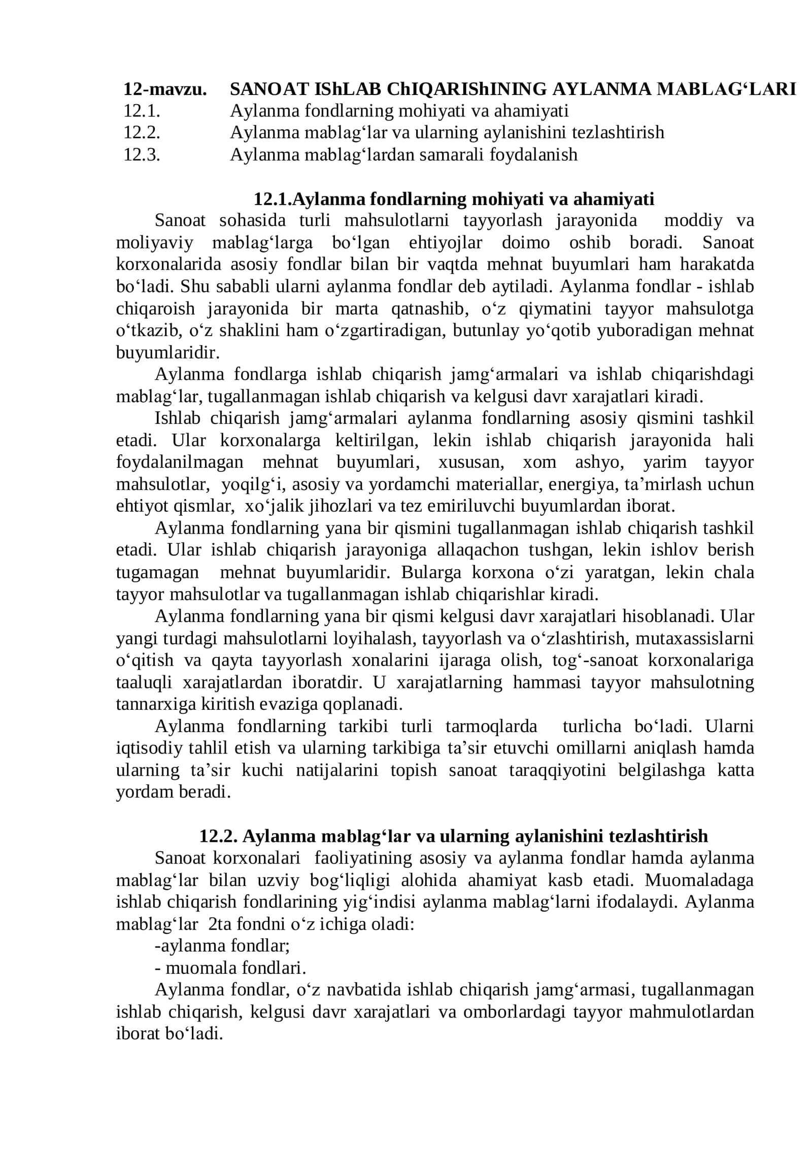 SANOAT IShLAB ChIQARIShINING AYLANMA MABLAG‘LARI