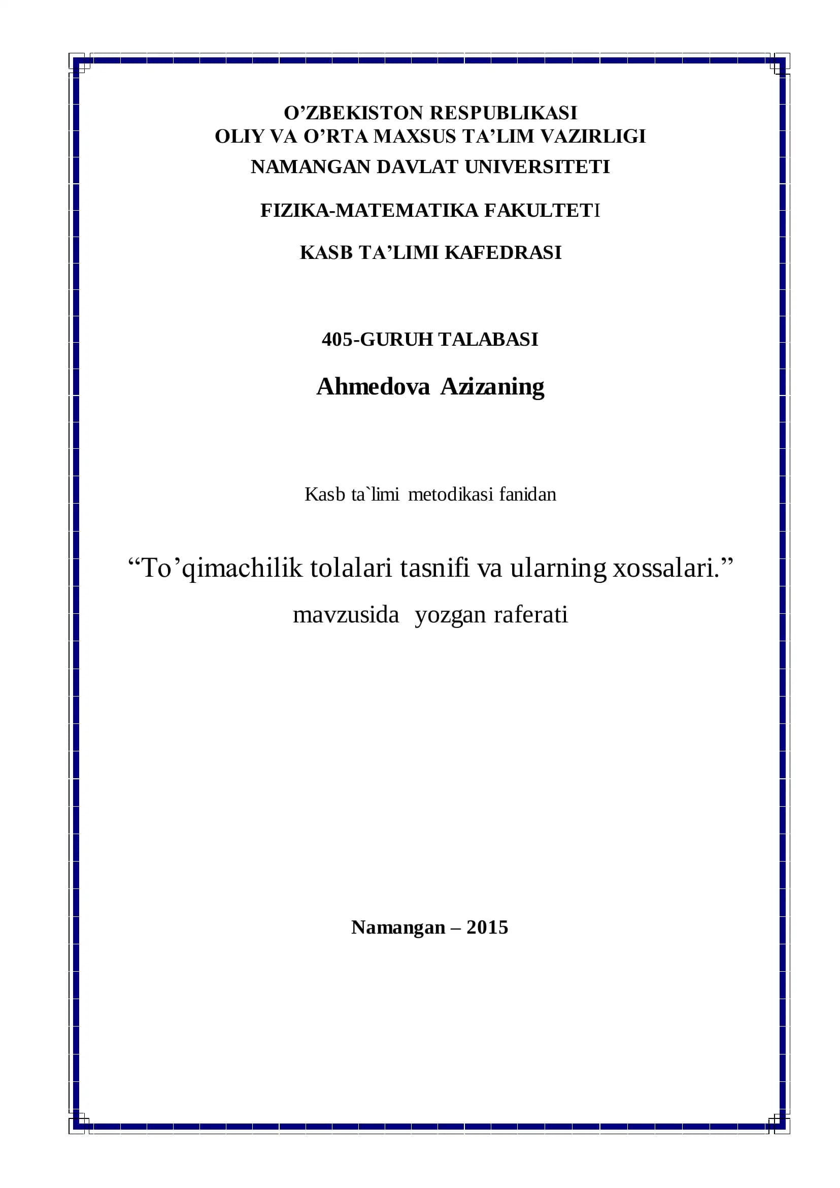 To'qimachilik tolalari tasnifi va ularning xossalari