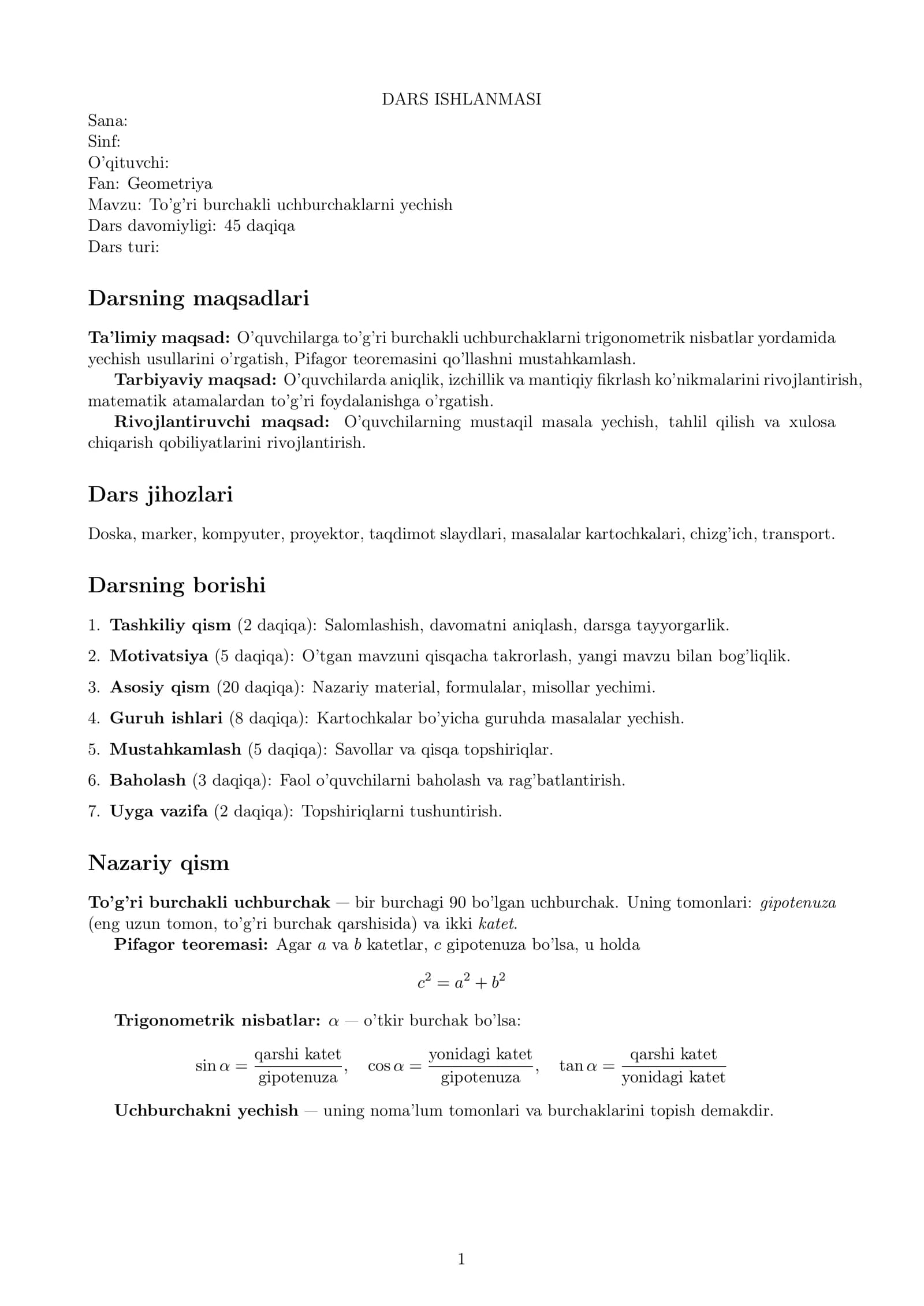 To’g’ri burchakli uchburchaklarni yechish (Dars ishlanmasi)