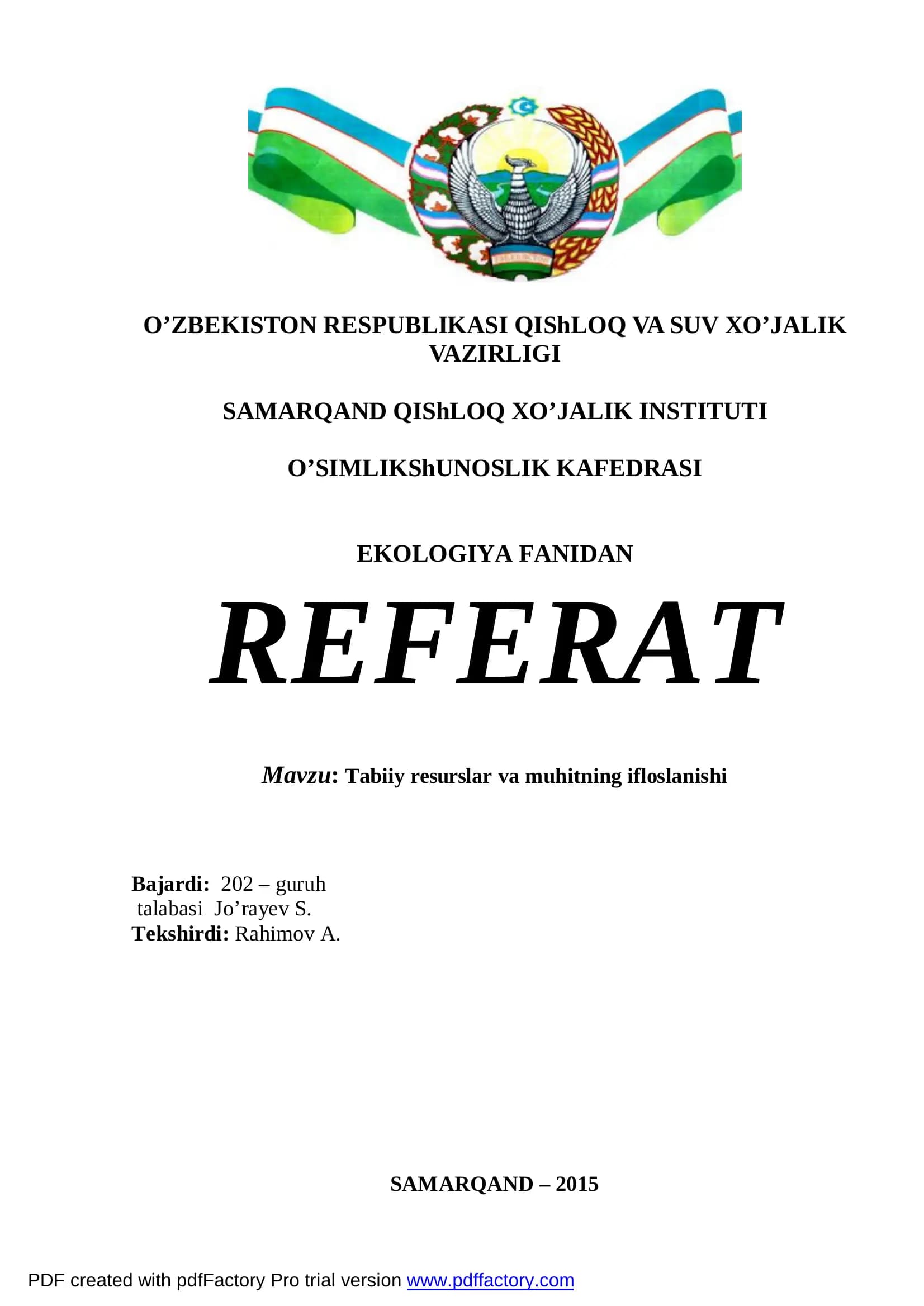 Tabiiy resurslar va muhitning ifloslanishi