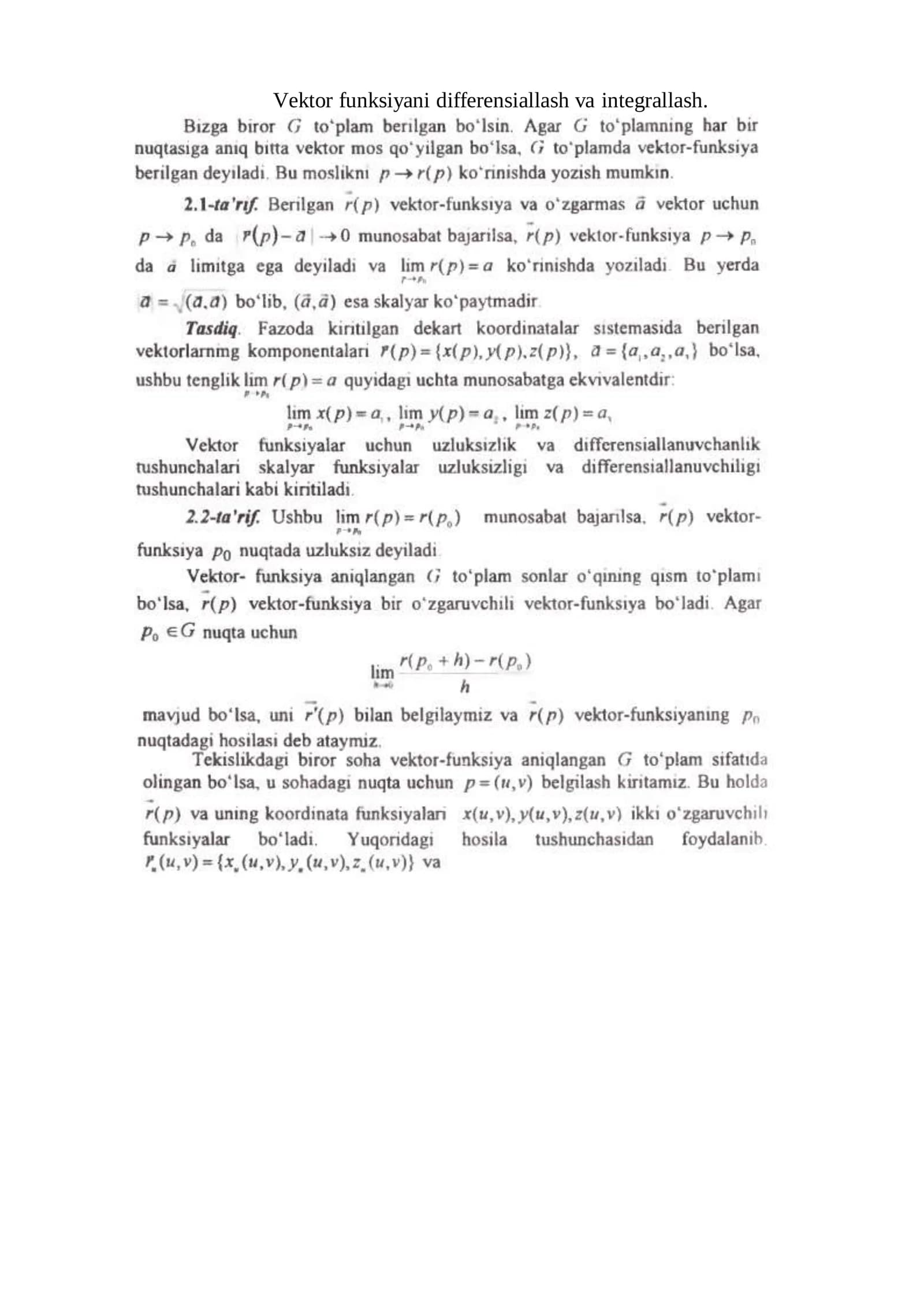 Vektor funksiyani differensiallash va integrallash