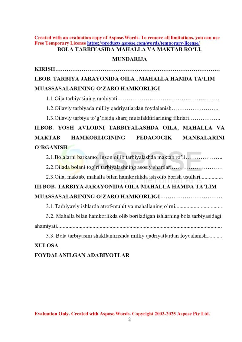 Kurs ishi “Bola tarbiyasida mahalla va maktab ro‘li”