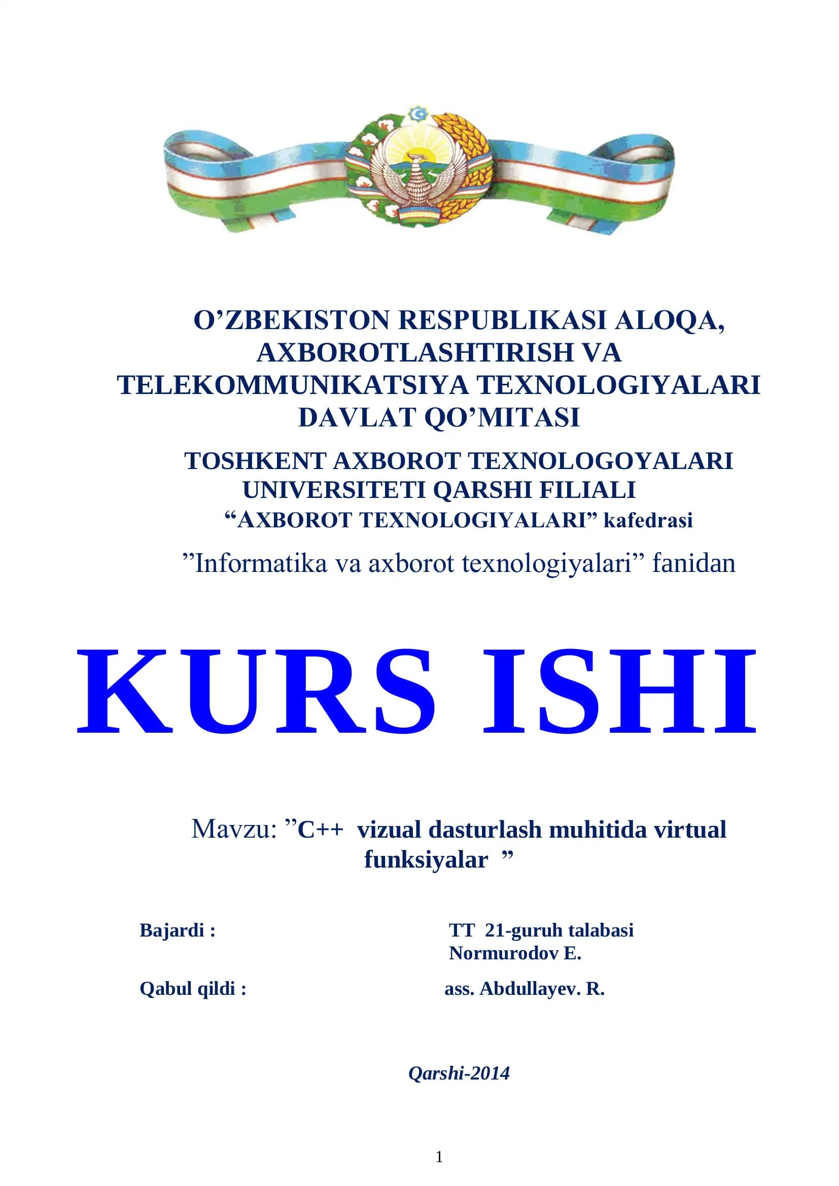 ”C++ vizual dasturlash muhitida virtual funksiyalar”