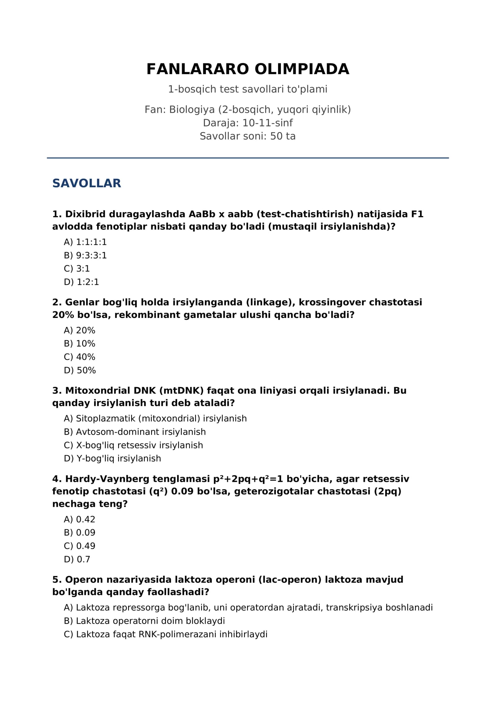 FANLARARO OLIMPIADA 2-bosqich test savollari to'plami