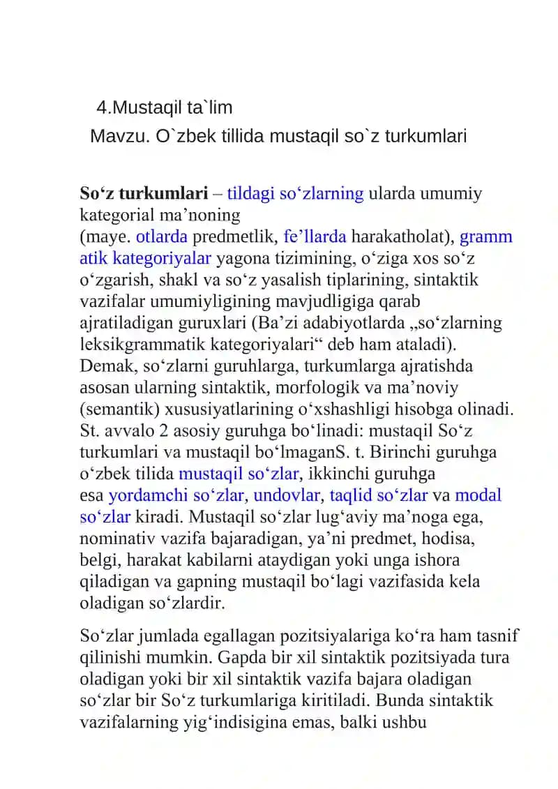 O`zbek tillida mustaqil so`z turkumlari