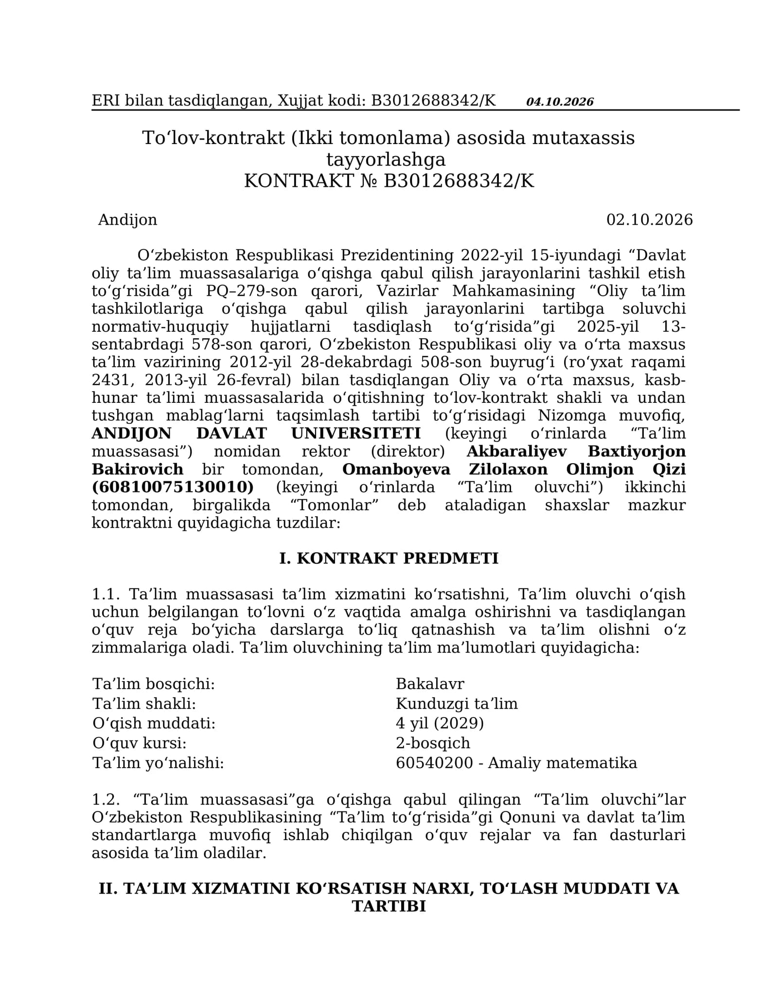 "To‘lov-kontrakt (Ikki tomonlama) asosida mutaxassis tayyorlashga"