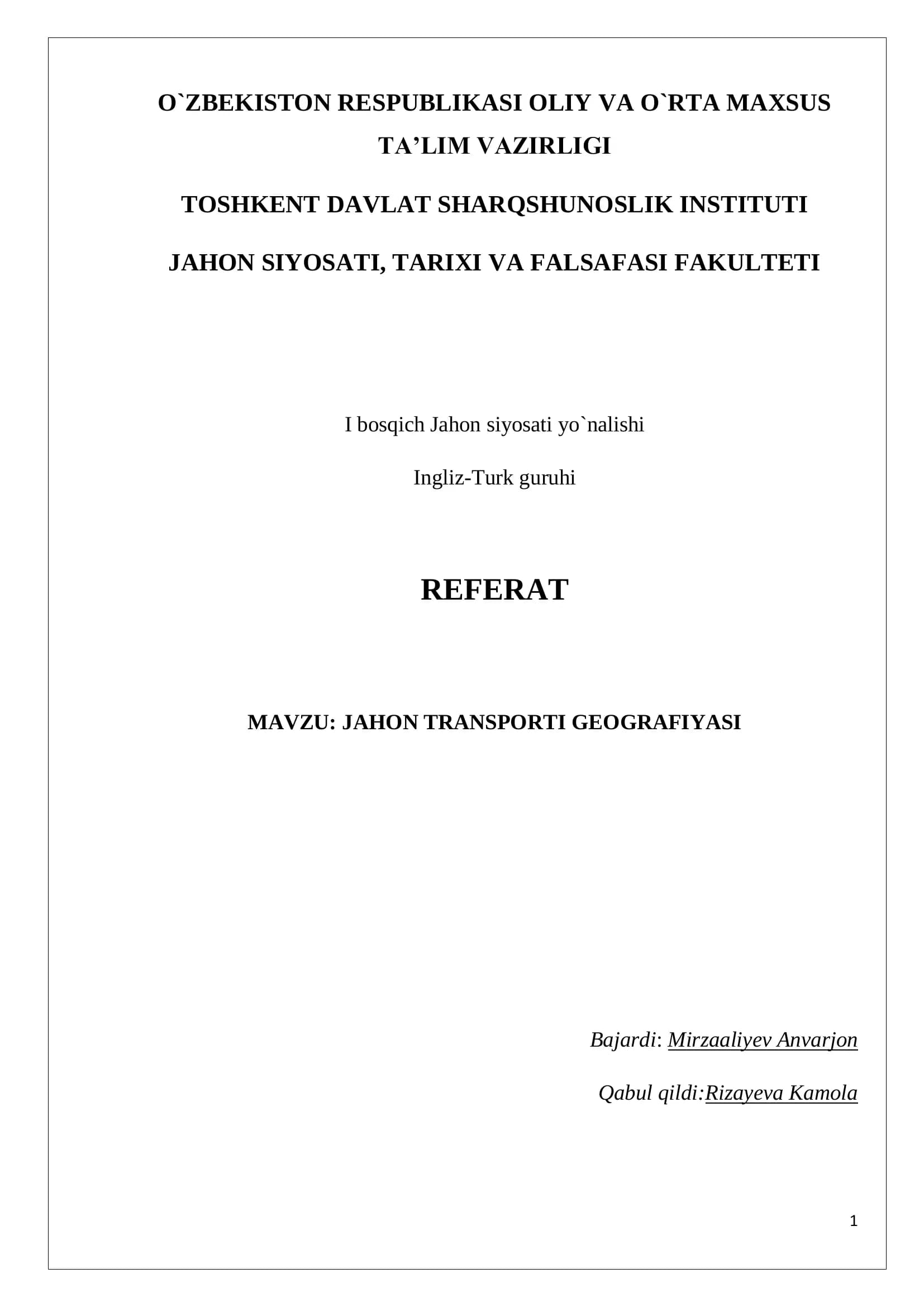 JAHON TRANSPORTI GEOGRAFIYASI