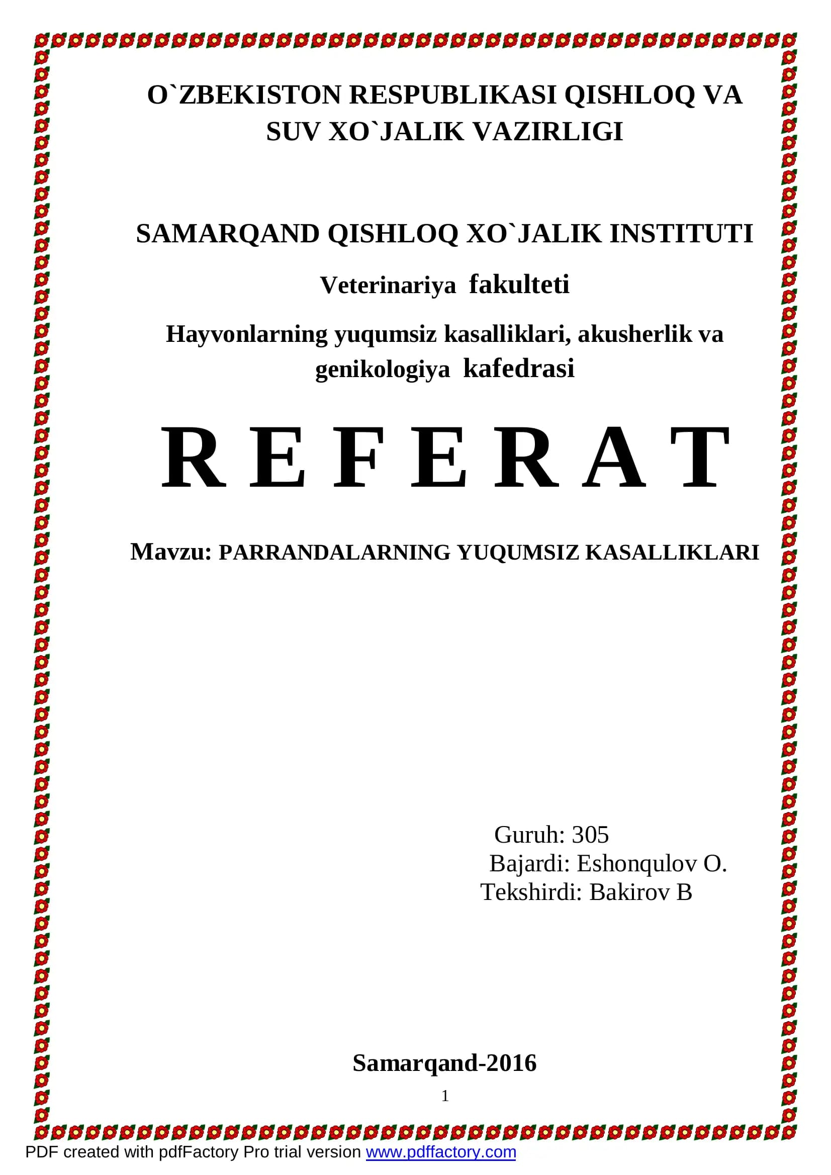 Parrandalarning Yuqumsiz Kasalliklari