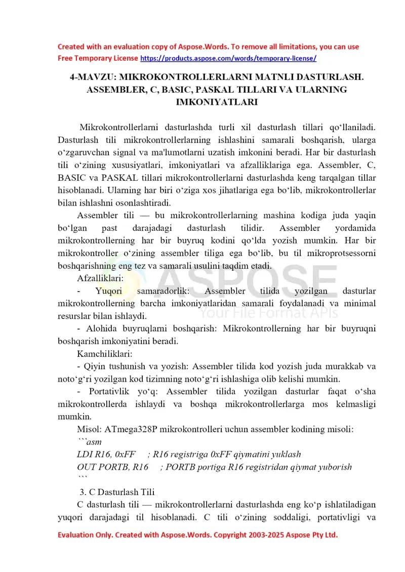 Mikrokontrollerlarni matnli dasturlash: Assembler, C, BASIC va PASKAL tillari va ularning imkoniyatlari
