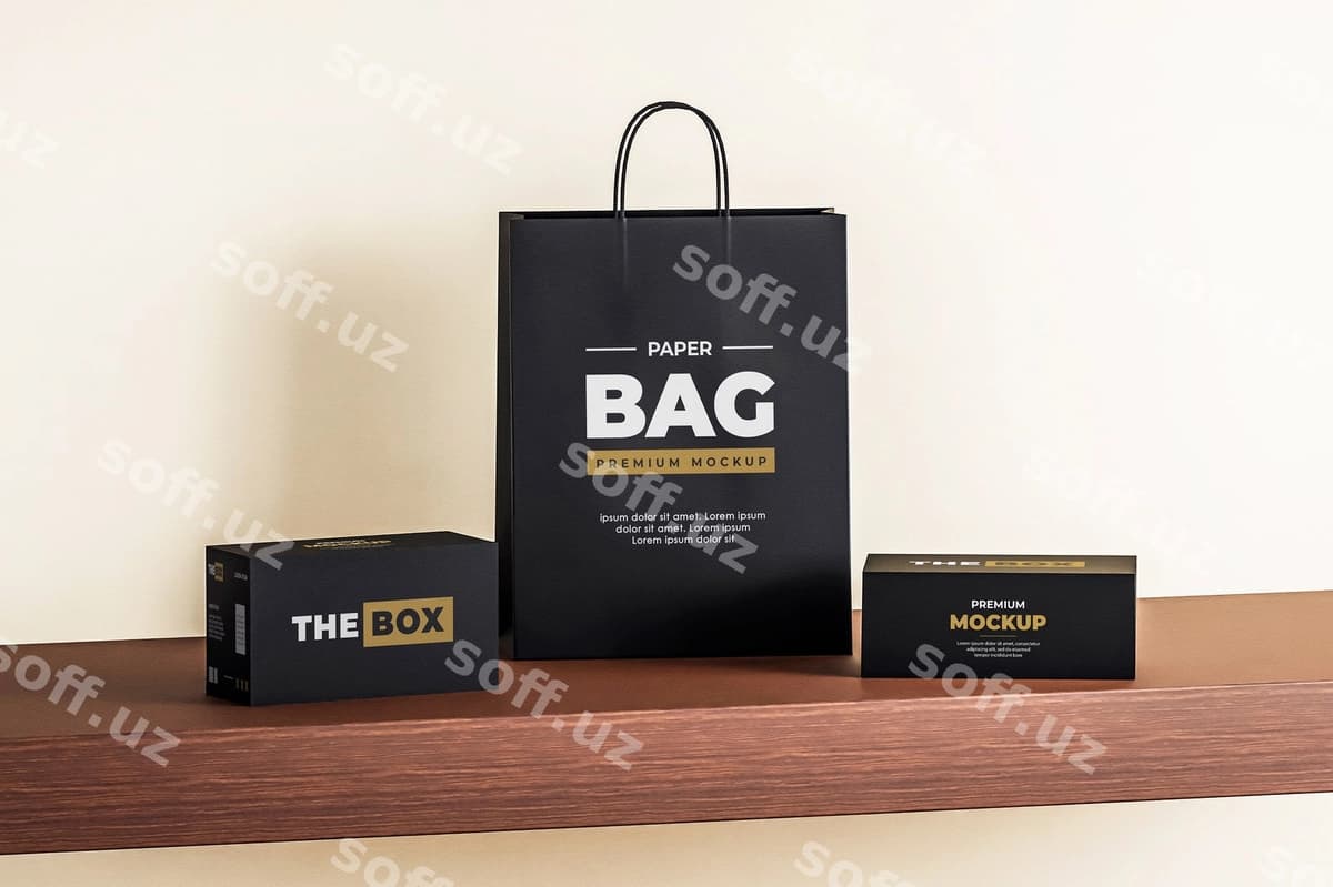 Qog'oz sumka model qutisi qora xarid | Paper bag mockup box black shopping