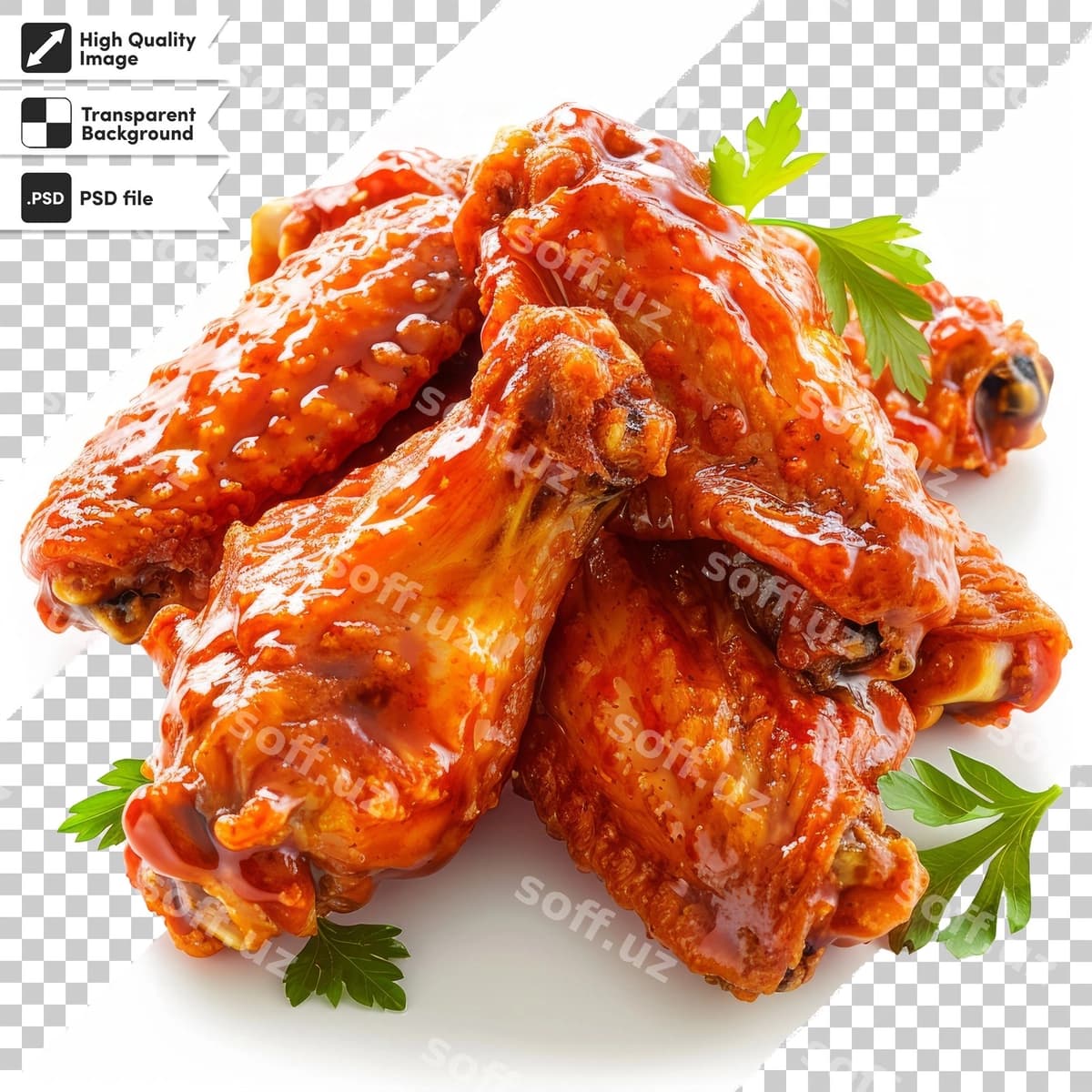 Tovuq aylanlarini yashil barg bilan tasavvur qiling. | Picture chicken wings with green leaf