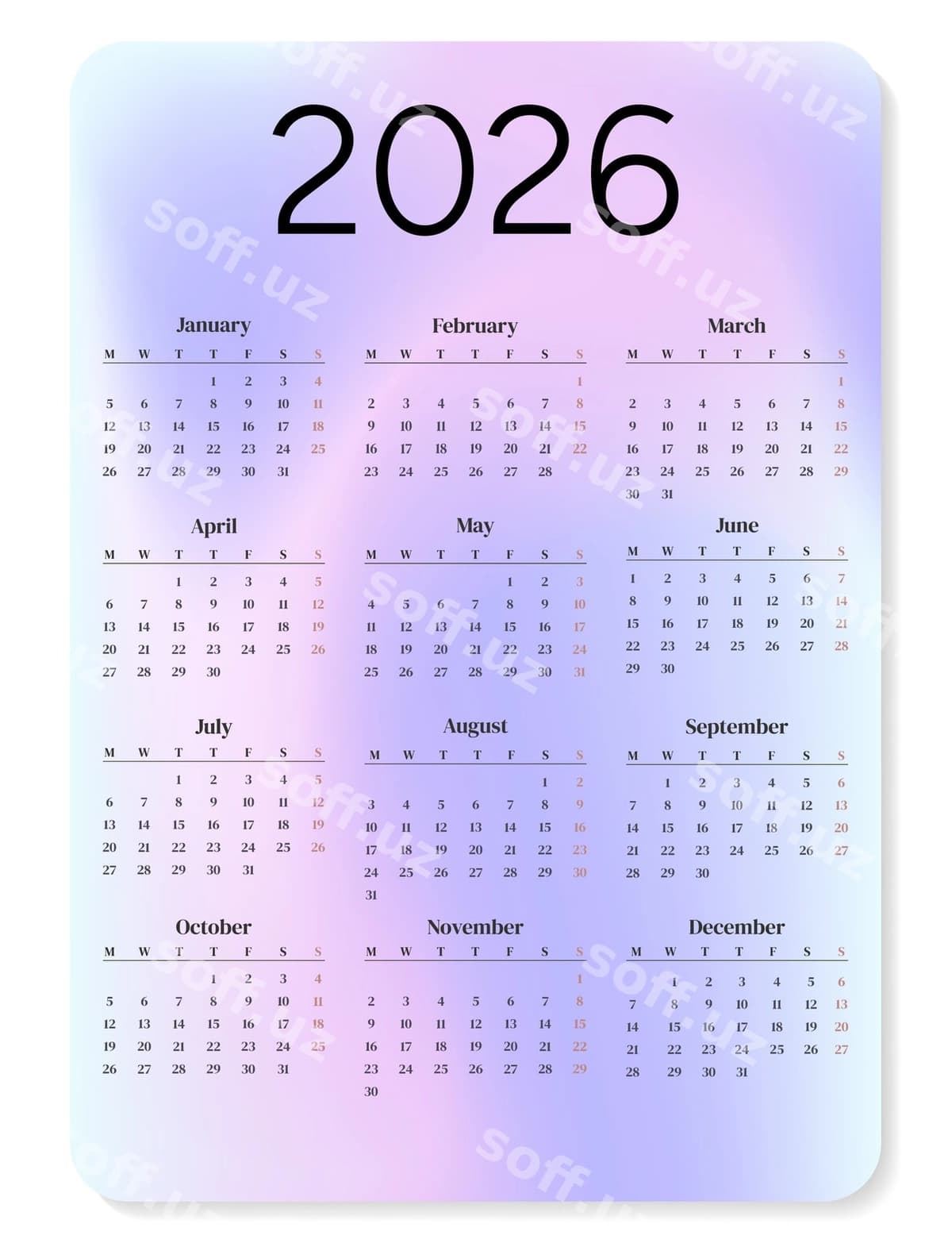 2026-yil Qozon takvimi hafta dushanbadan boshlanadi | Pocket calendar 2026 week starts monday