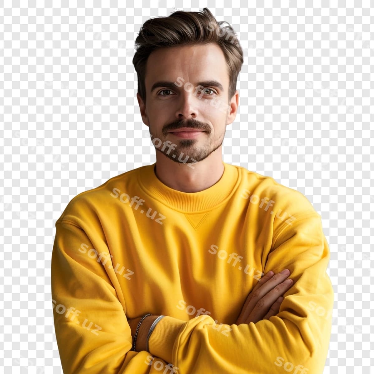Portret o'z minnat erkak sariq sviter | Portrait confident man yellow sweatshirt