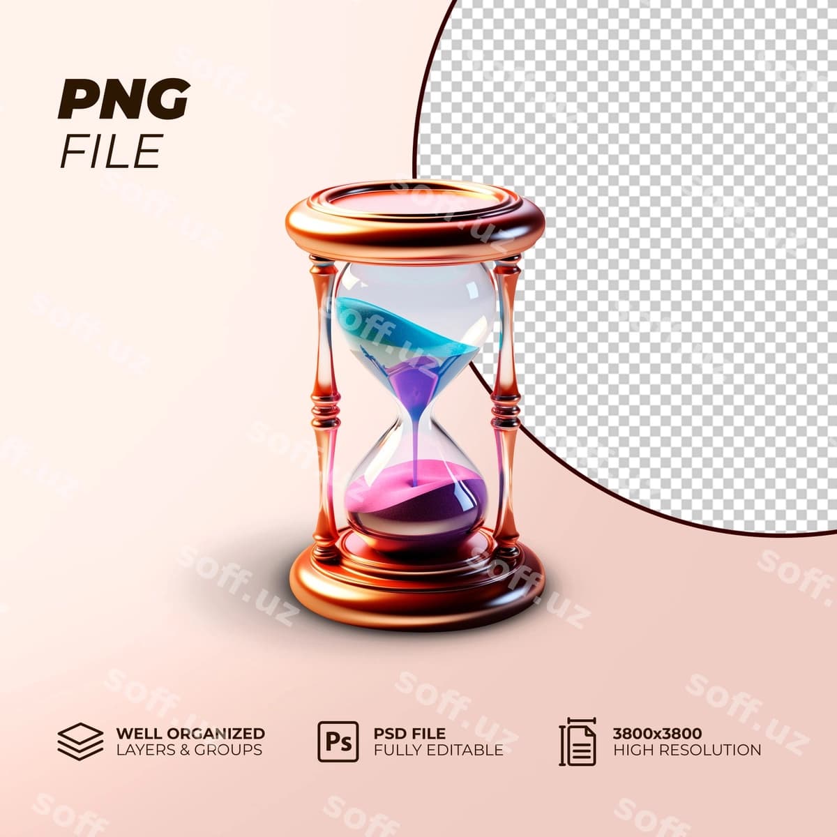 Psd 3d soat qutbu ko'k binafsha png soat qutbu | Psd 3d hourglass blue pink png hourglass