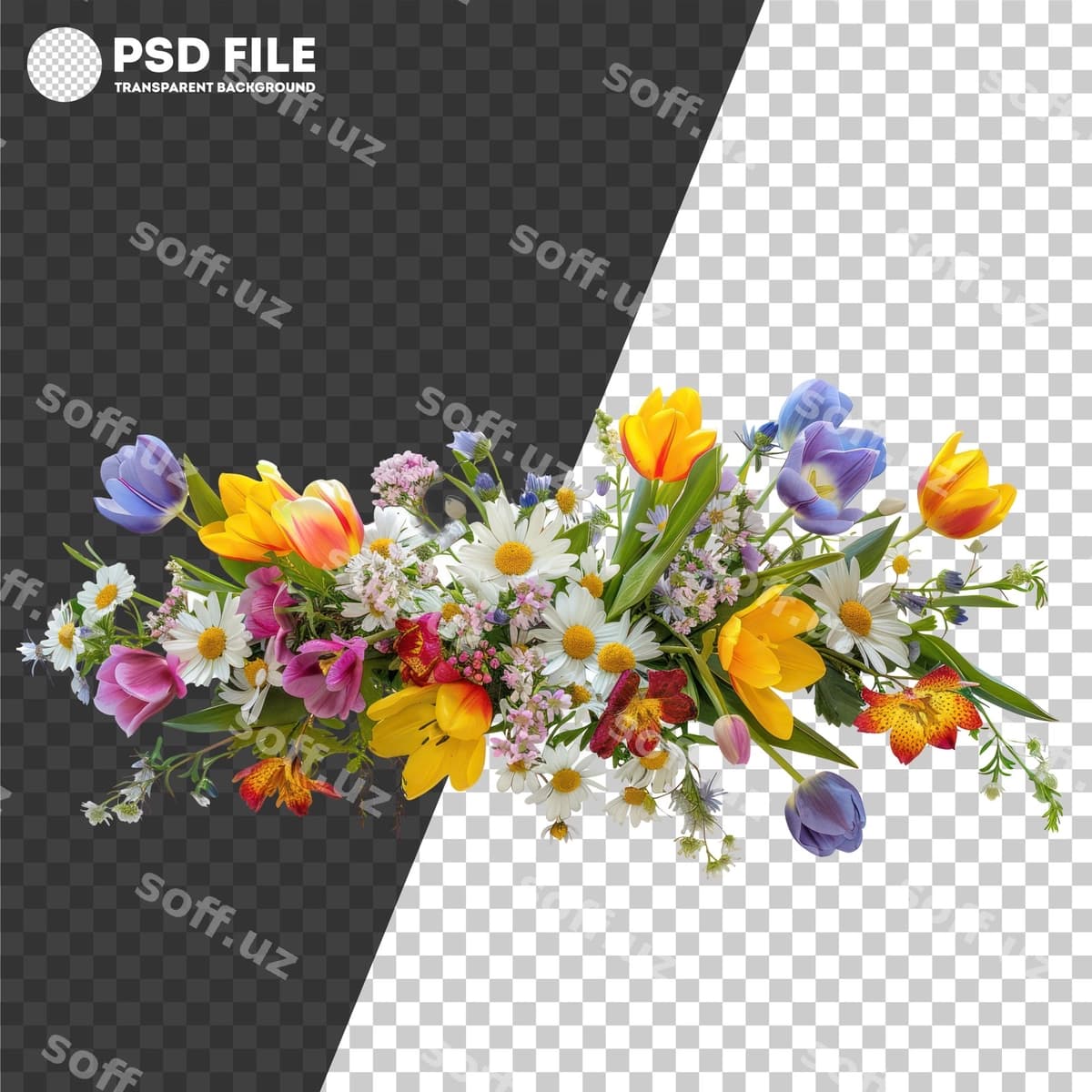 Psd rangarangi aralash gul bargi bouketi | Psd colorful mixed flower bouquet
