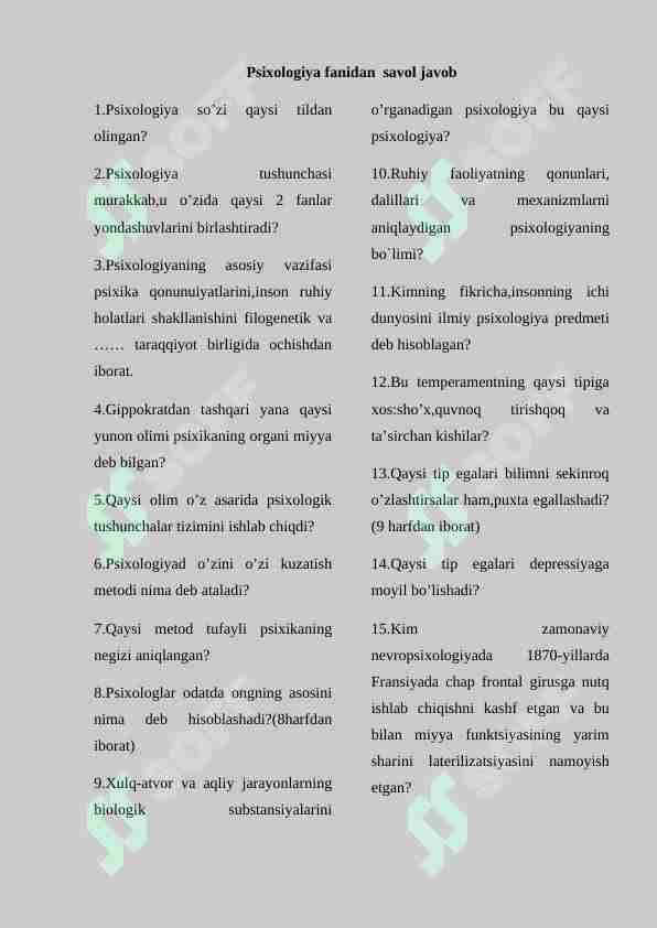 Psixologiya fanidan  savol javob