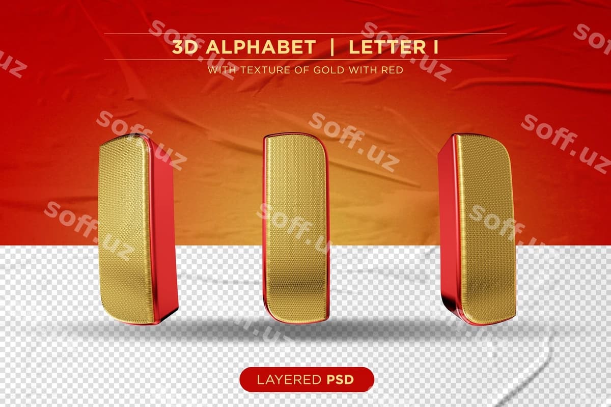 Qizil uch oʻlchovli alfavit oltin i harfi bilan | Red 3d alphabet with golden letter i