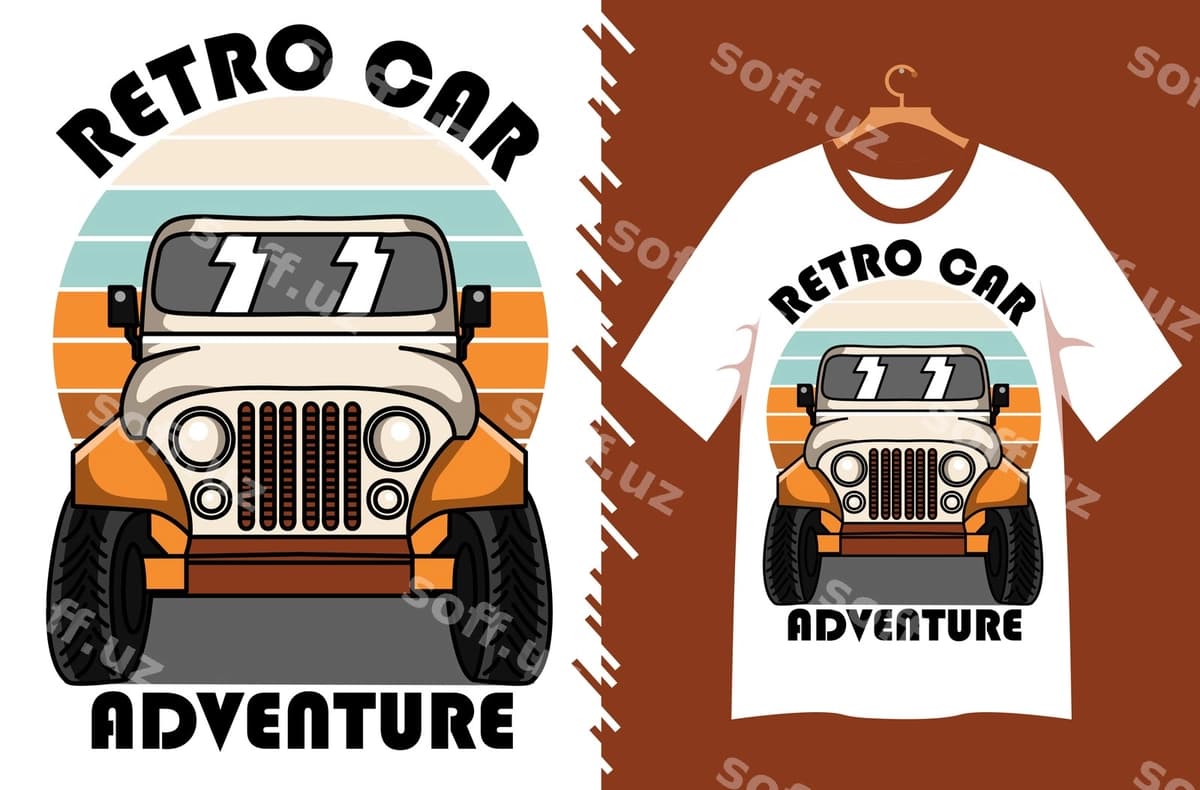 Retro avtomobil qo'shmati vektor futbolka dizayni | Retro car adventure vector t shirt design
