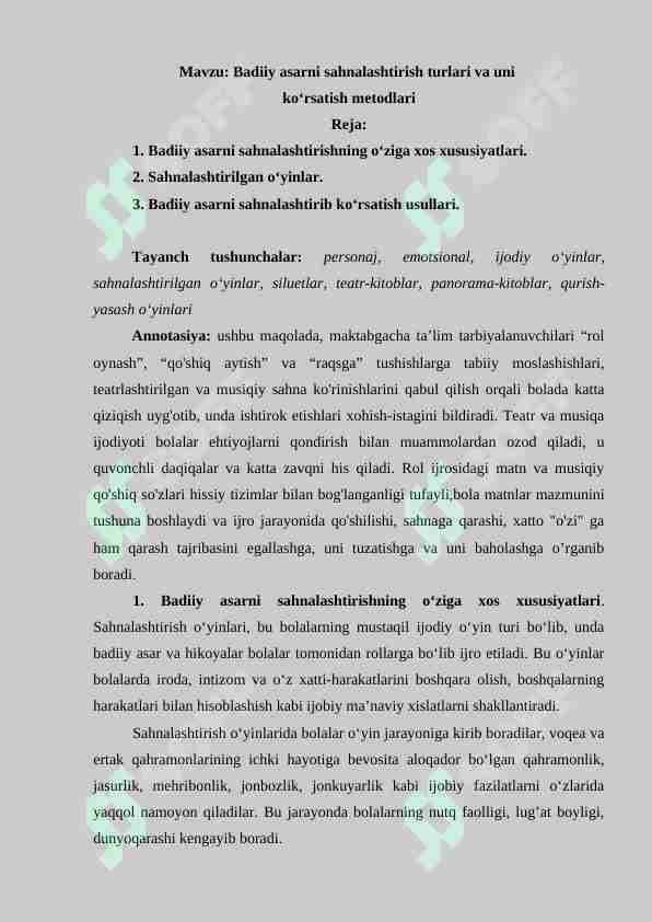 Badiiy asarni sahnalashtirish turlari va uni ko'rsatish metodlari