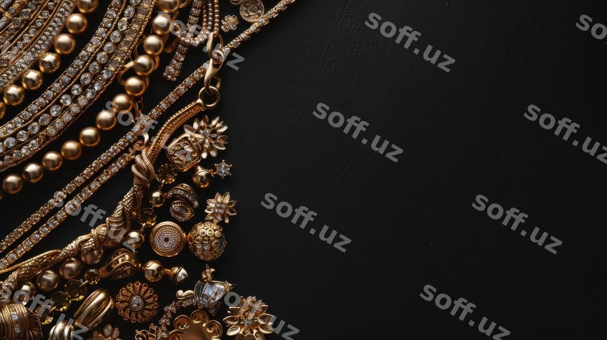 Qorong'i sirtga oltin zargarlik buyumlarini qo'ying | Set gold jewelry laid out dark surface