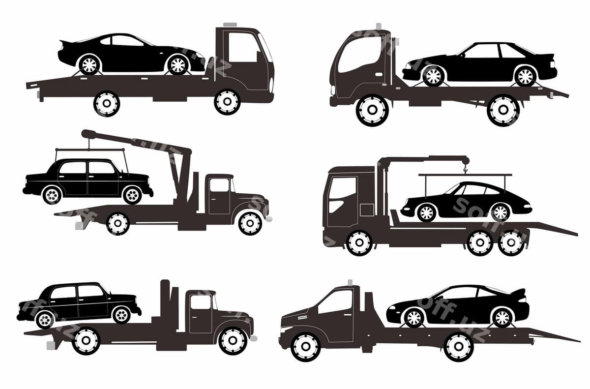 Tirjima moshina siluetlari logotiplari ikonkalari to'plami | Set tow truck silhouettes logos icons