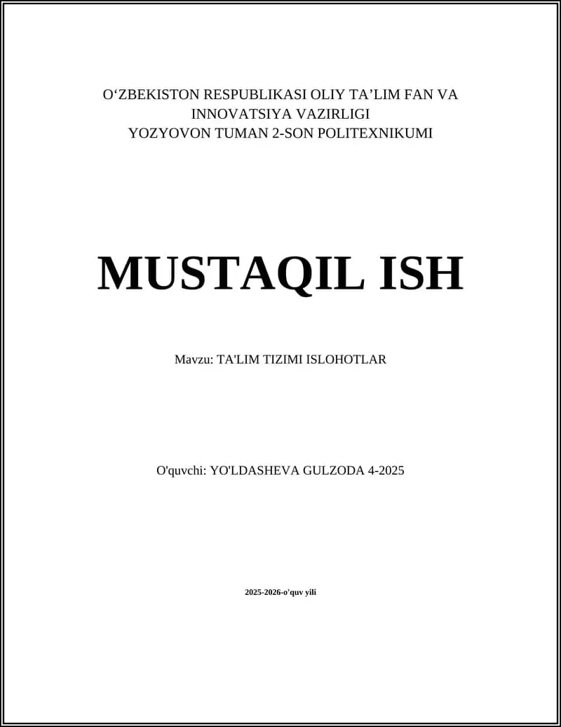 TA'LIM TIZIMI ISLOHOTLAR