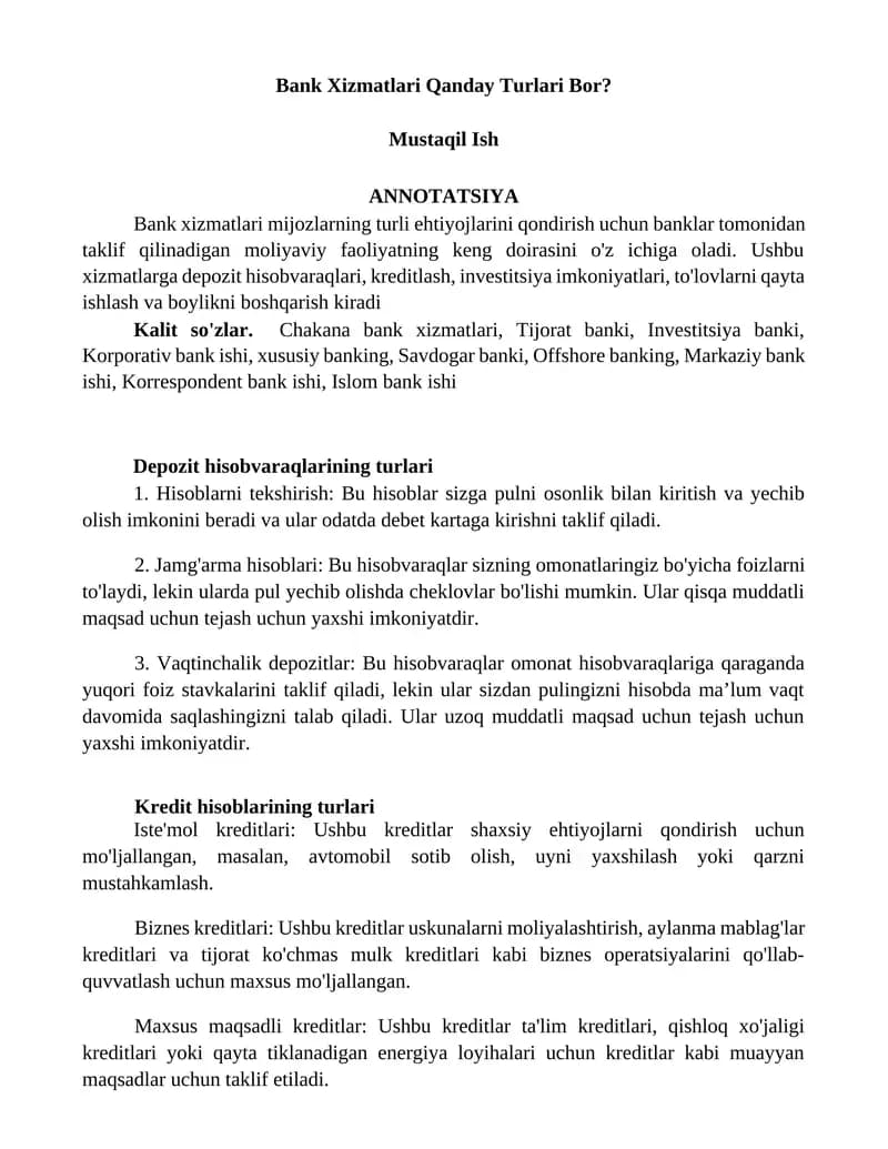 Bank Xizmatlari Qanday Turlari Bor?