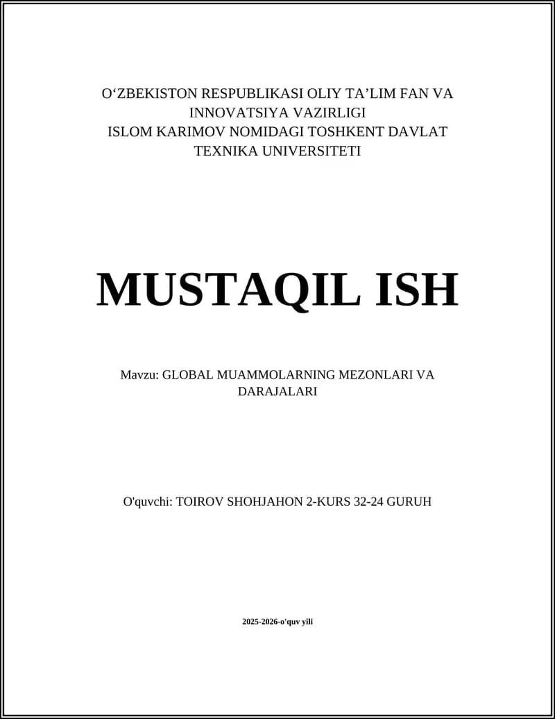 GLOBAL MUAMMOLARNING MEZONLARI VA DARAJALARI