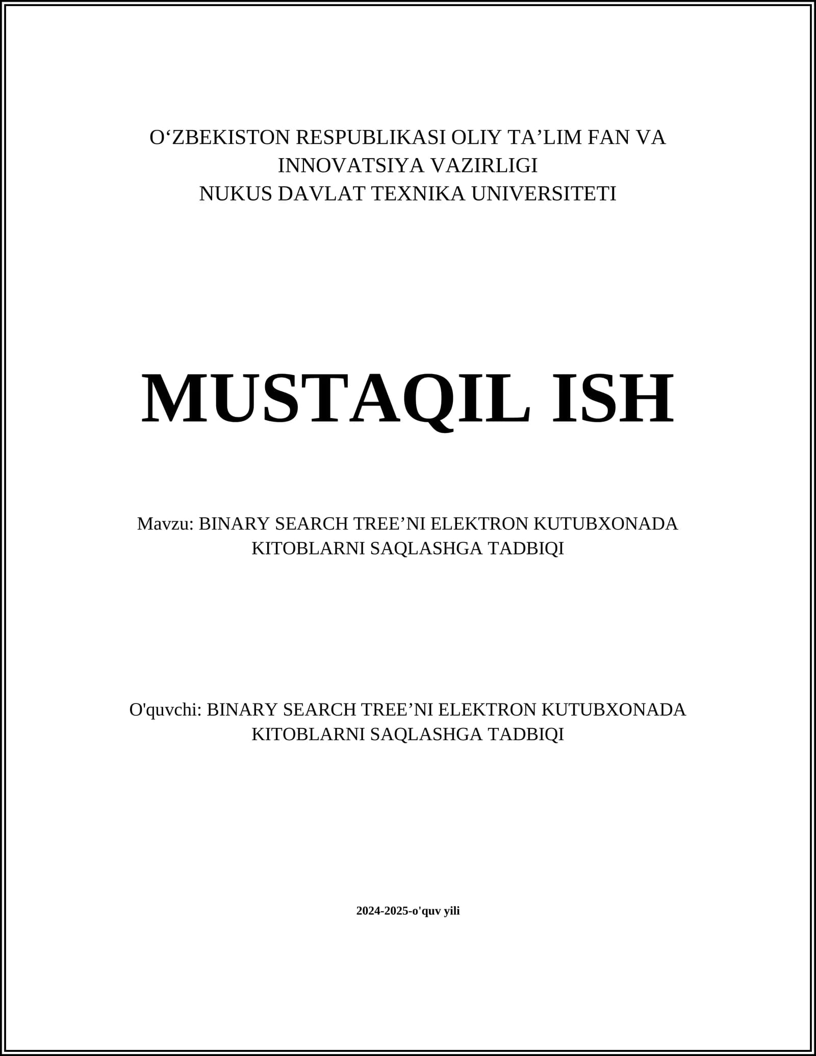 BINARY SEARCH TREE’NI ELEKTRON KUTUBXONADA KITOBLARNI SAQLASHGA TADBIQI