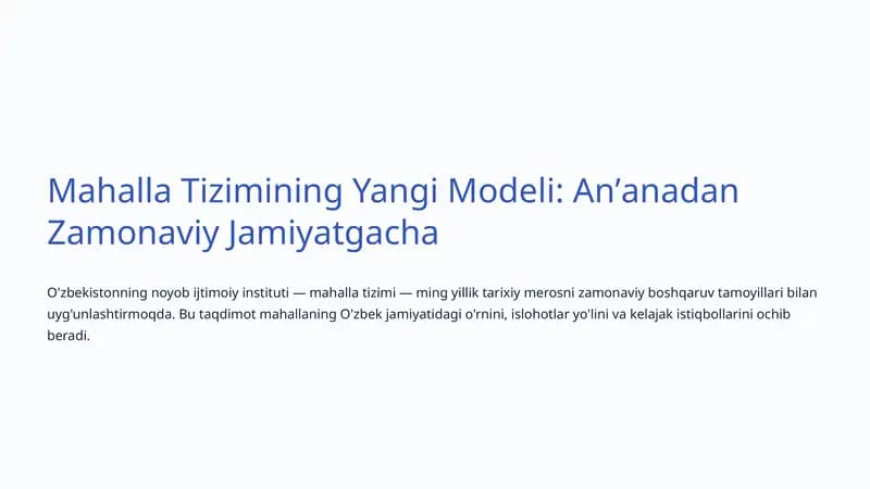 Mahalla Tizimining Yangi Modeli