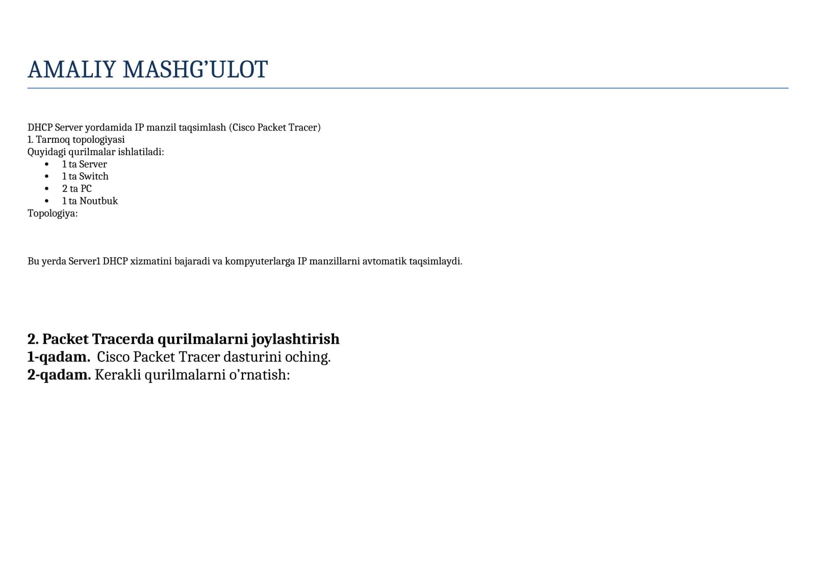 DHCP Server yordamida IP manzil taqsimlash (Cisco Packet Tracer)