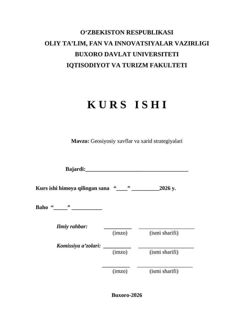 Geosiyosiy xavflar va xarid strategiyalari kurs ishi