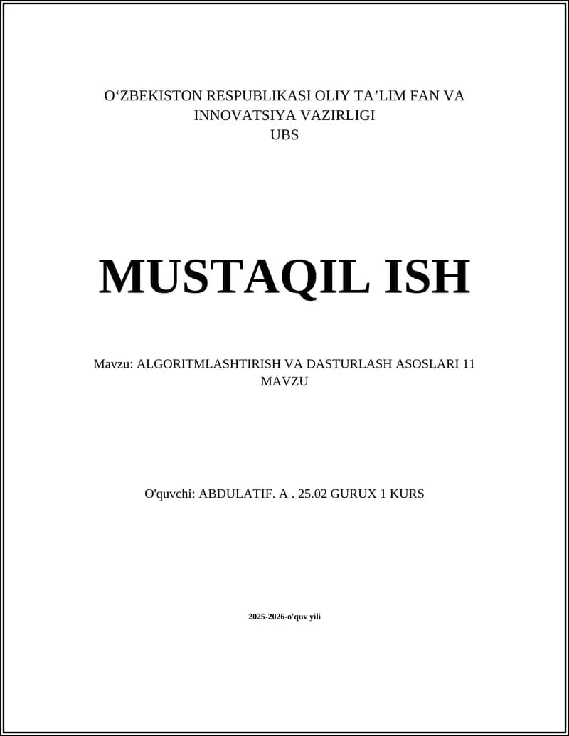 ALGORITMLASHTIRISH VA DASTURLASH ASOSLARI 11