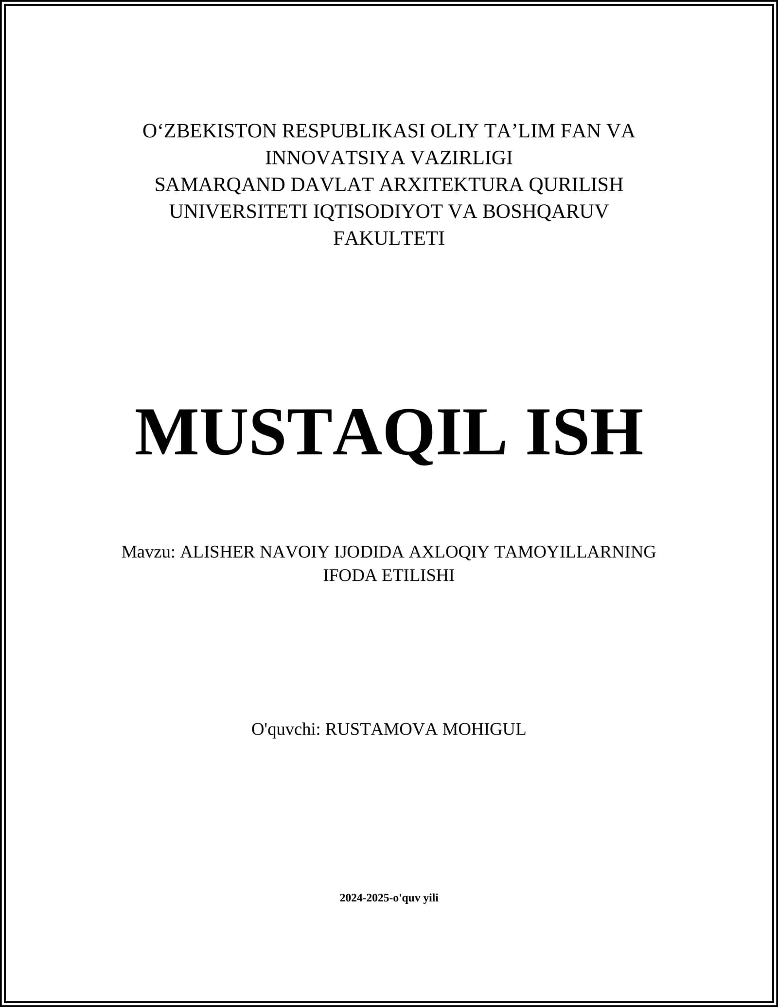 ALISHER NAVOIY IJODIDA AXLOQIY TAMOYILLARNING IFODA ETILISHI
