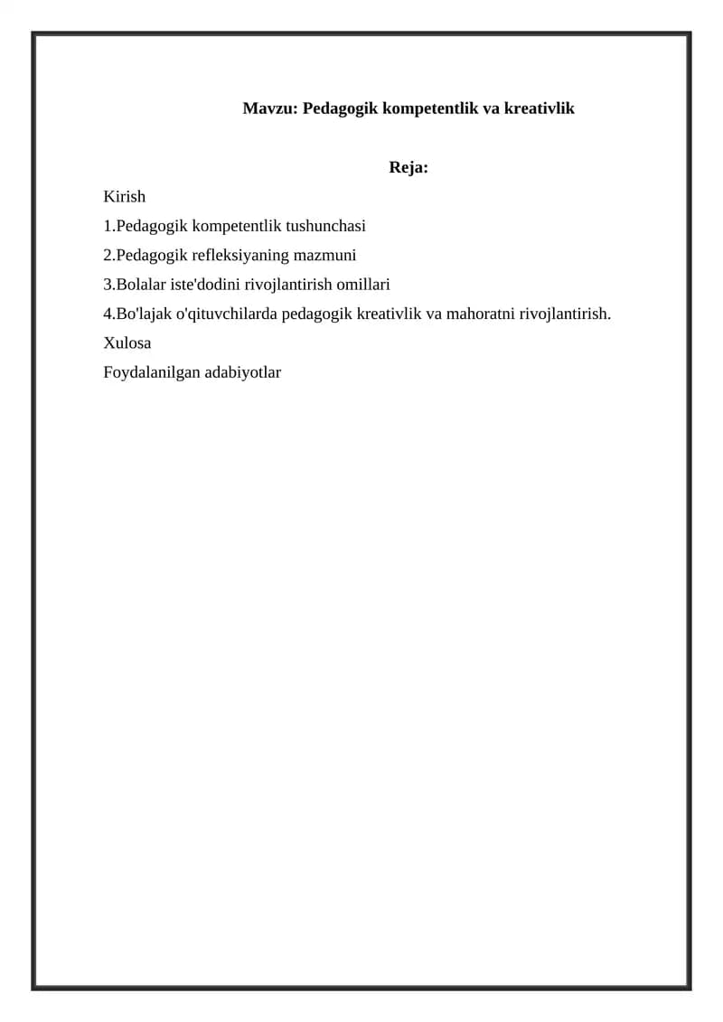 Pedagogik kompetentlik va kreativlik