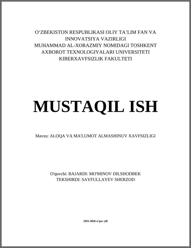 ALOQA VA MA'LUMOT ALMASHINUV XAVFSIZLIGI