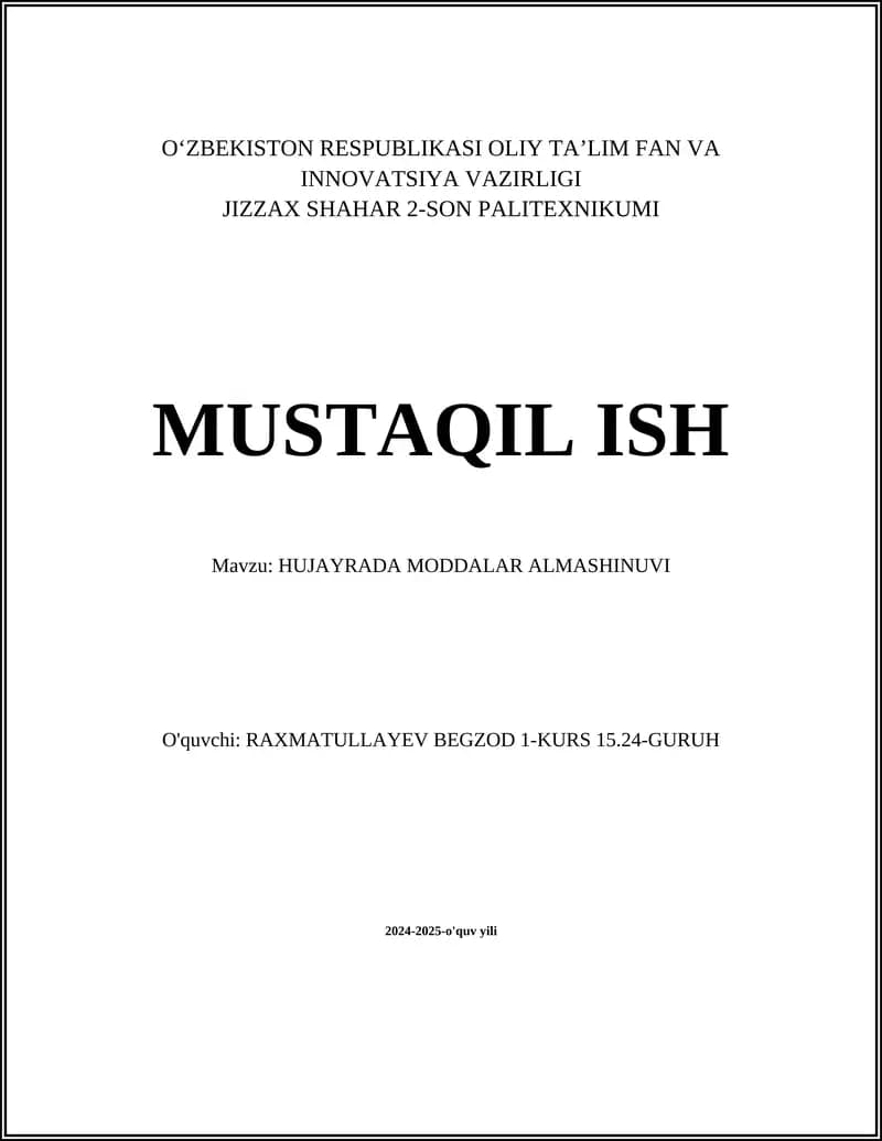 HUJAYRADA MODDALAR ALMASHINUVI