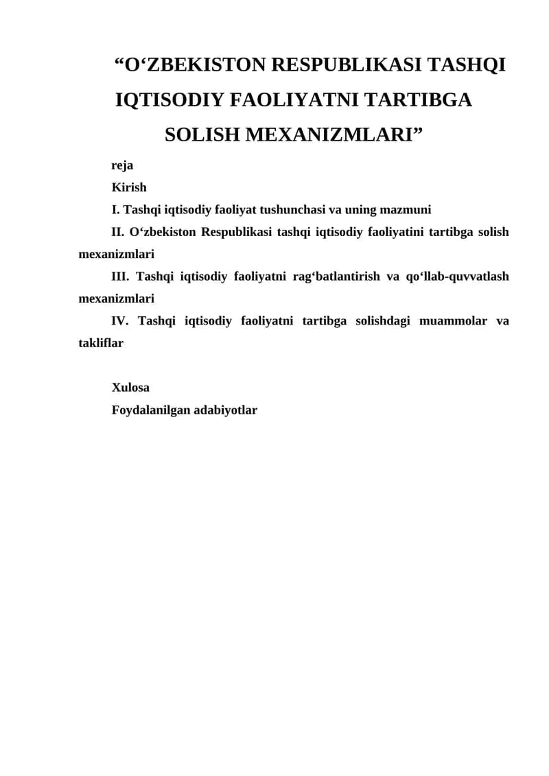 Oʻzbekiston Respublikasi Tashqi Iqtisodiy Faoliyatni Tartibga Solish Mexanizmlari