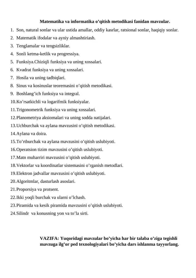 Matematika va informatika o’qitish metodikasi fanidan mavzular