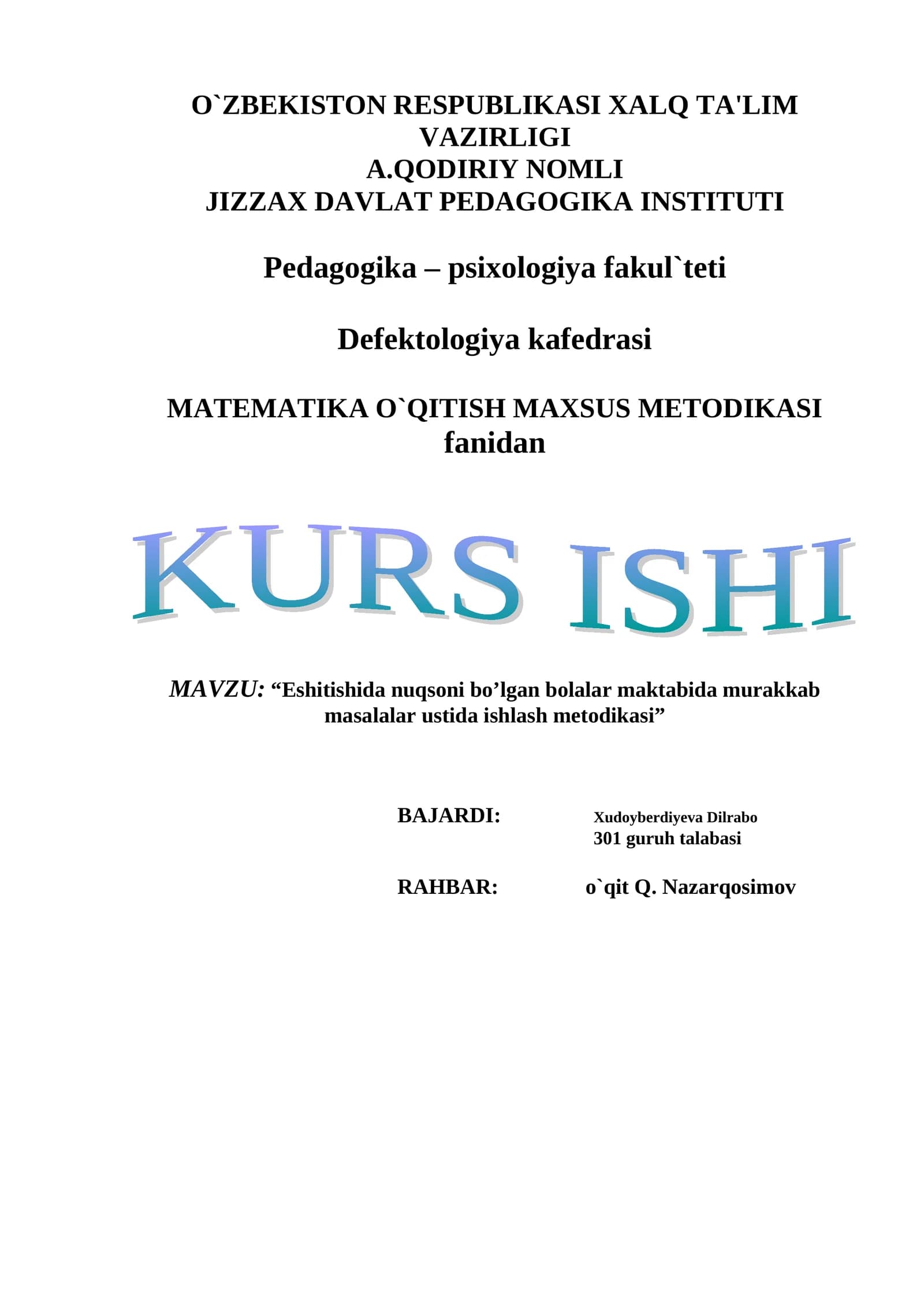 MATEMATIKA O`QITISH MAXSUS METODIKASI