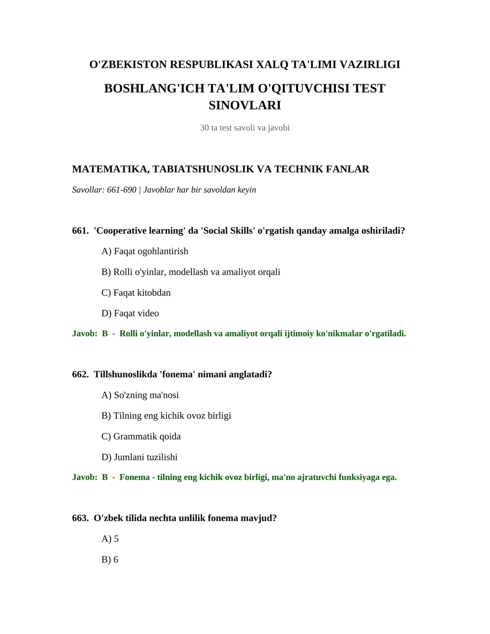 O'QITUVCHISI TEST SINOVLARI