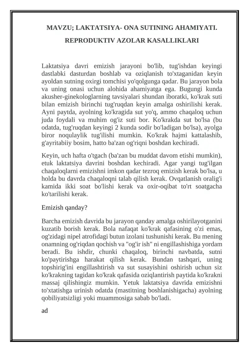 LAKTATSIYA- ONA SUTINING AHAMIYATI