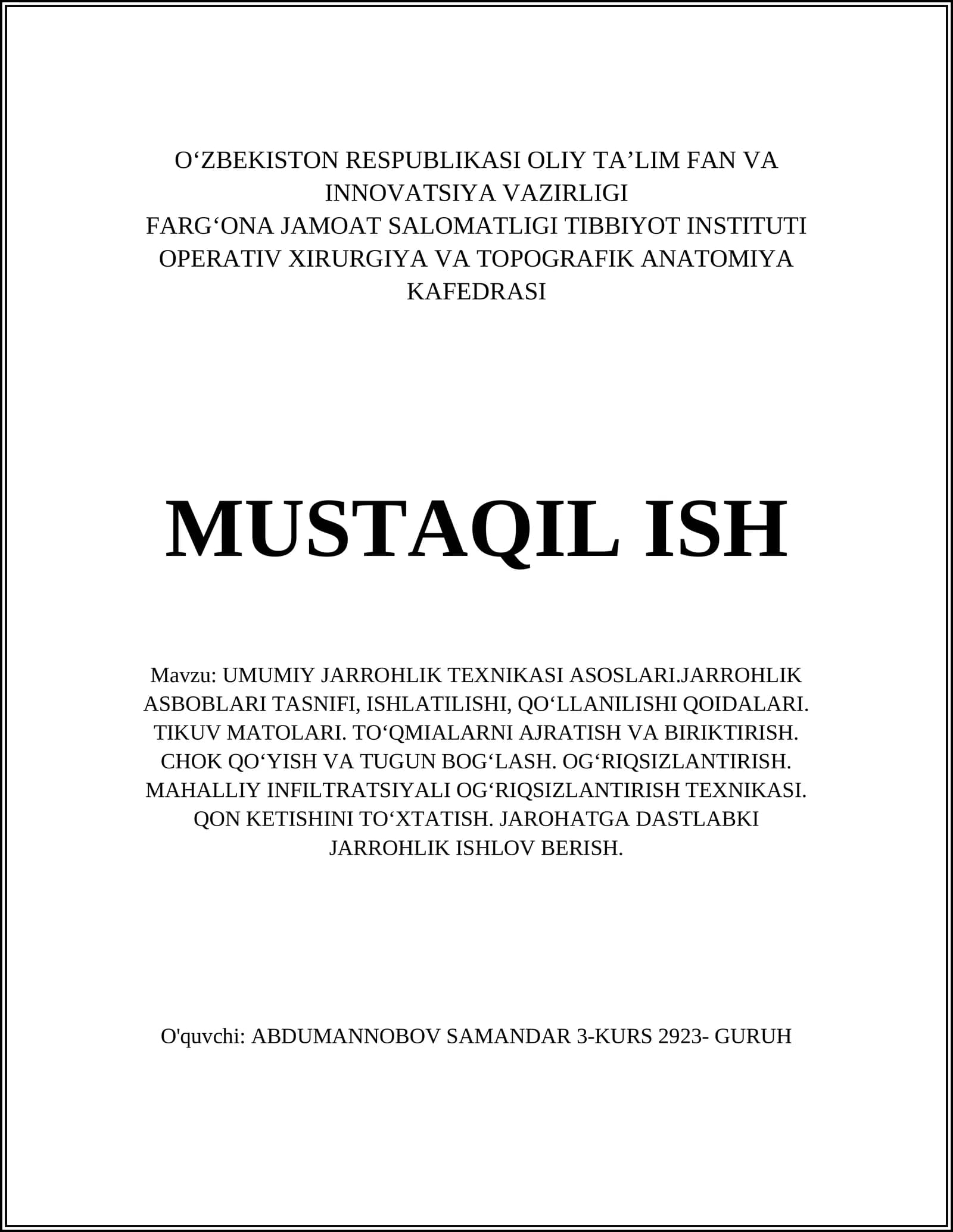 UMUMIY JARROHLIK TEXNIKASI ASOSLARI