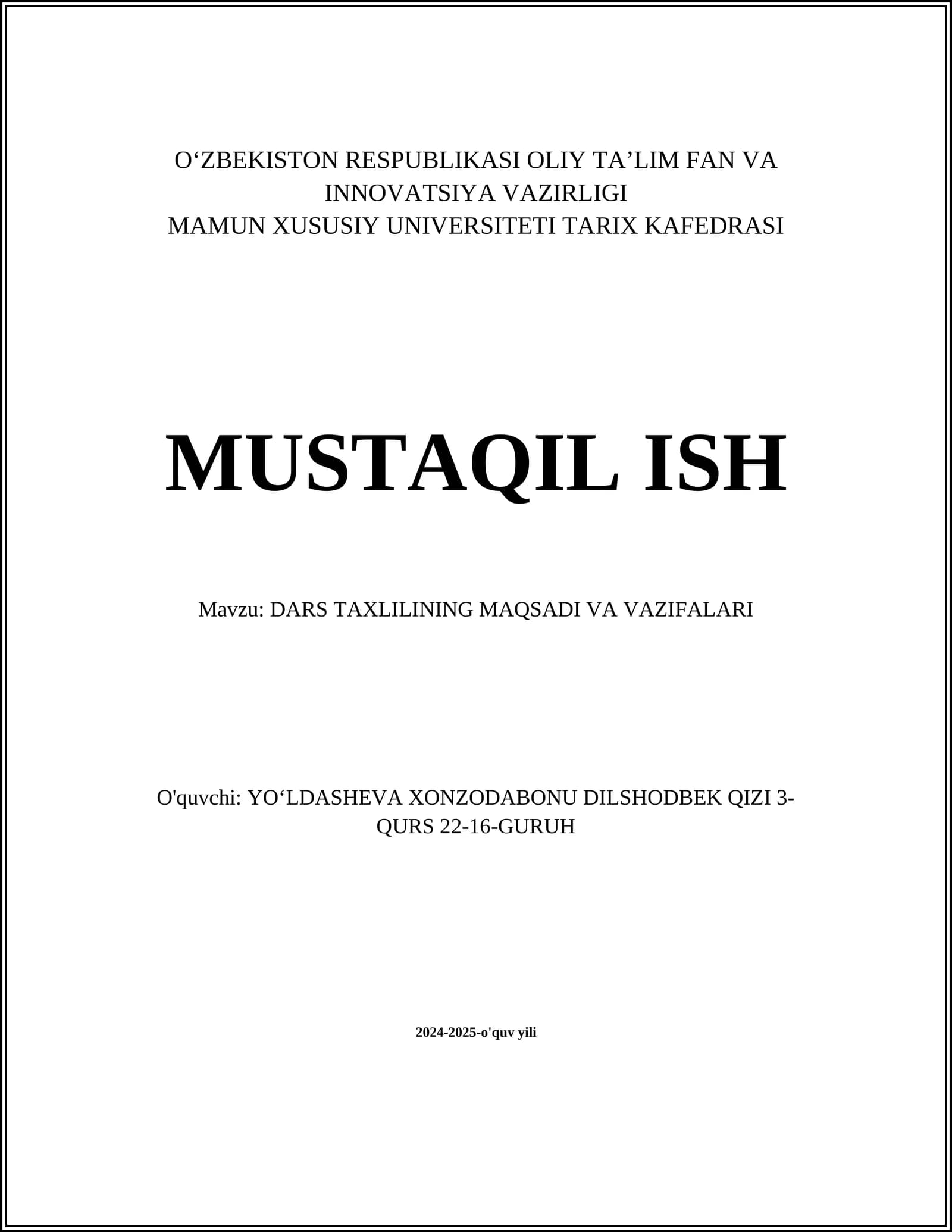 DARS TAXLILINING MAQSADI VA VAZIFALARI