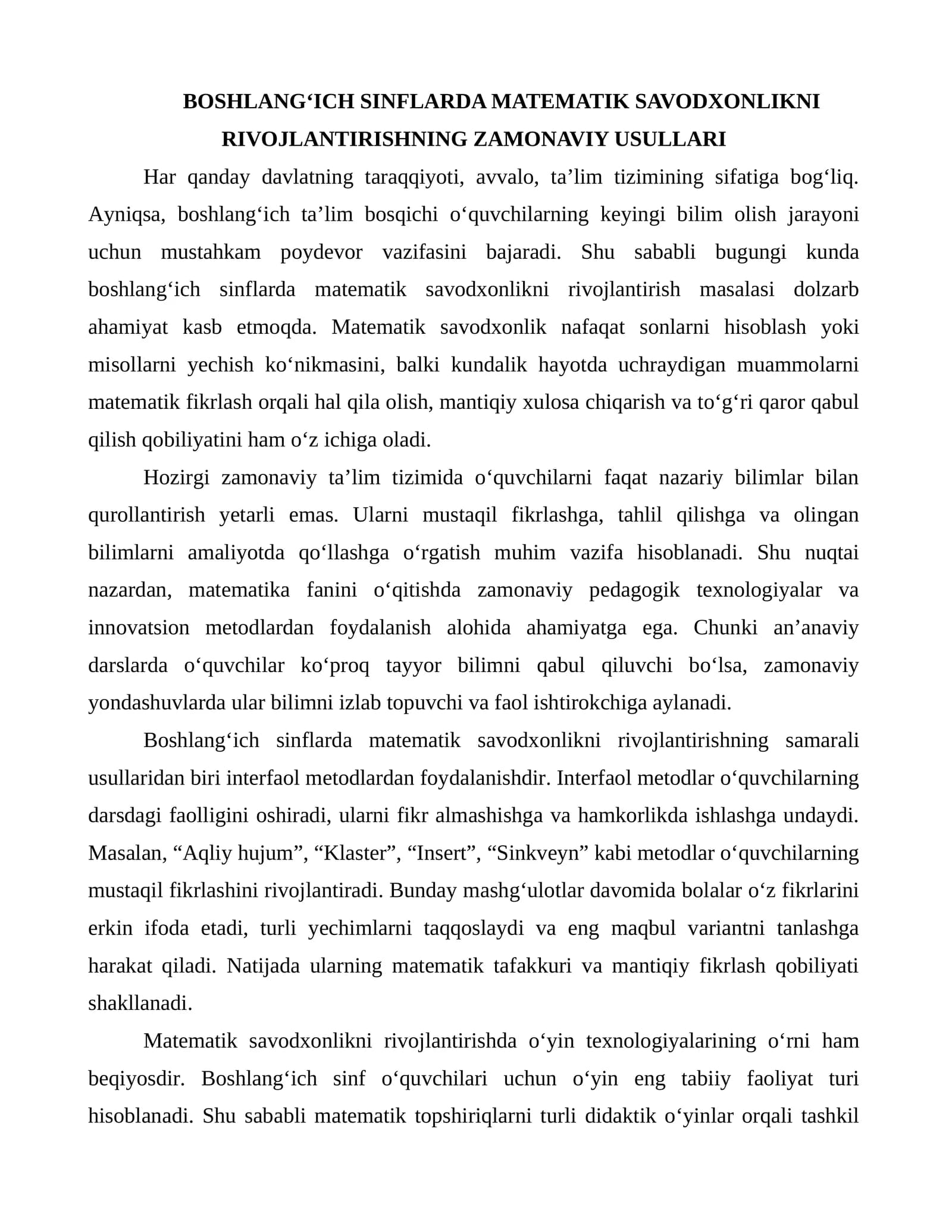 Matematik Savodxonlikni Rivojlantirishning Usullari